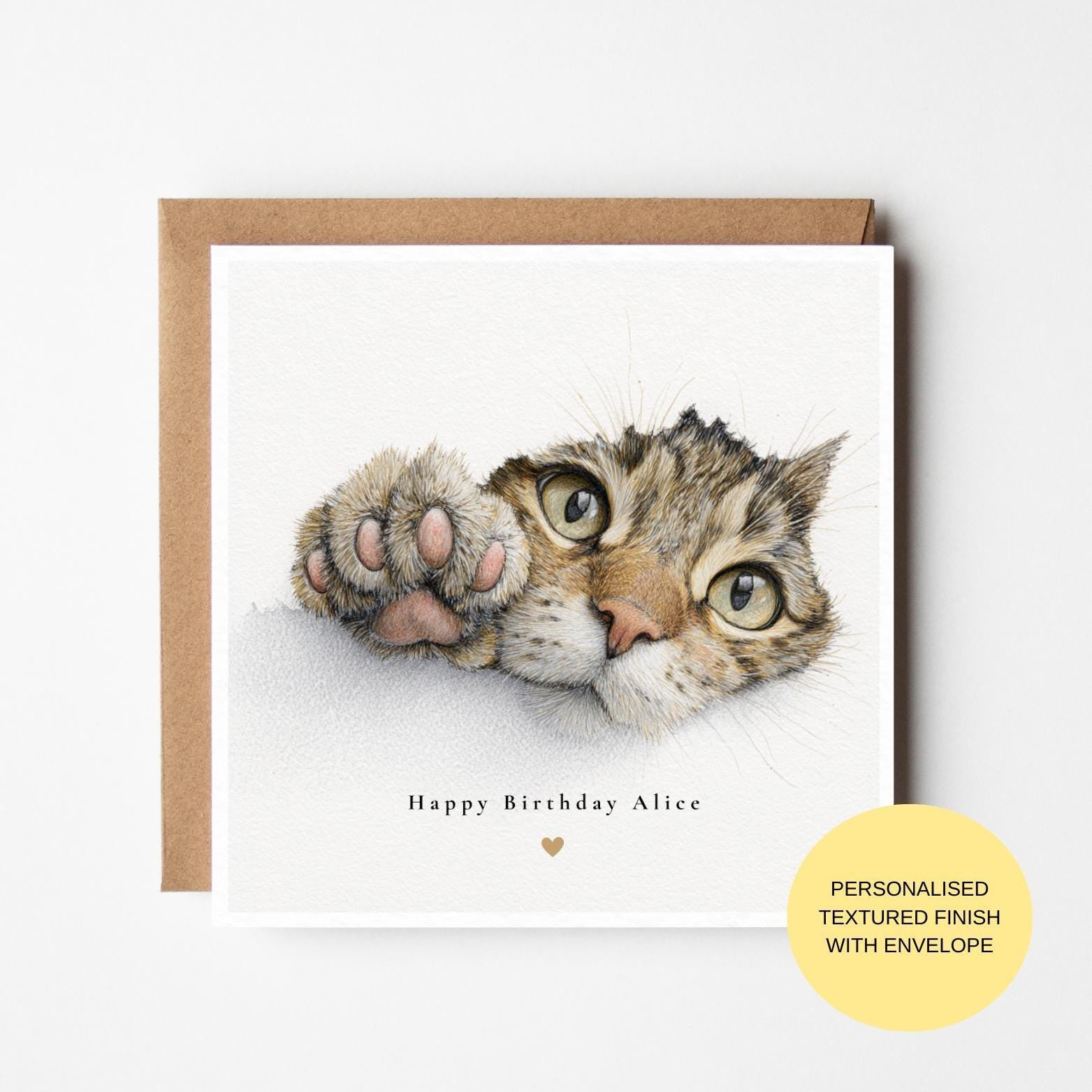 Cute Cat Birthday Card, Watercolor Smiling Kitten (Textured Premium Paper)