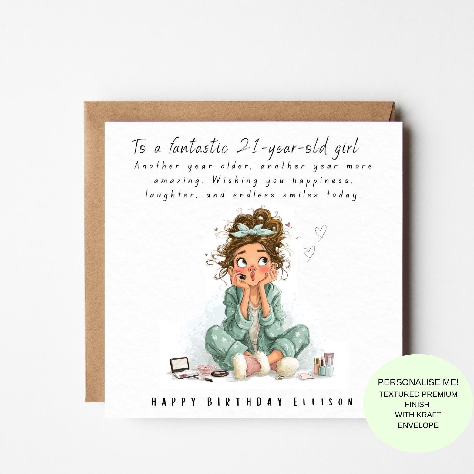 21st Birthday Card: Cute Illustration - Personalised Keepsake for Her