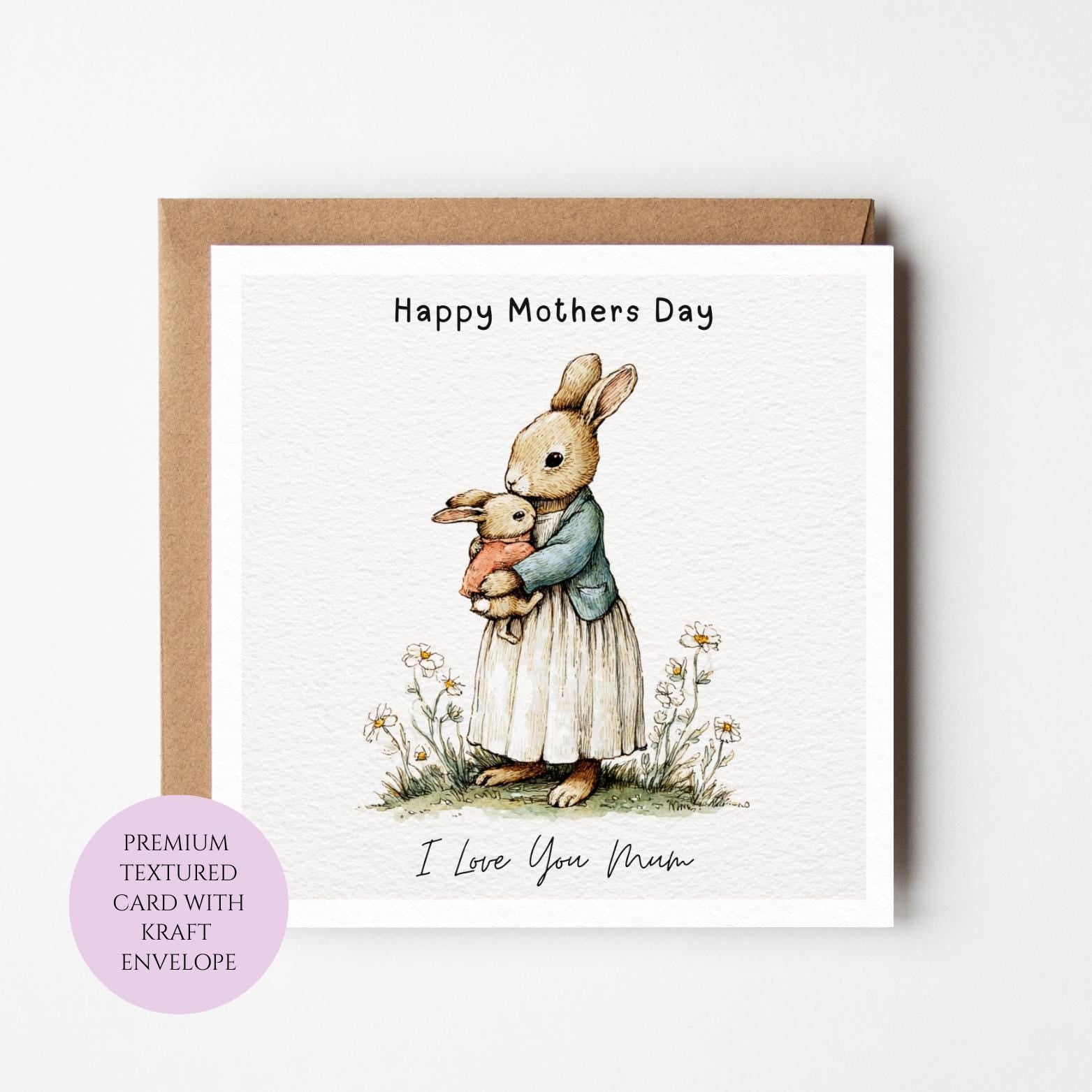 Mum Mothers Day Card Watercolour Bunny Rabbit I Love You Mum Card Cute Animal Best Mum Gift UK