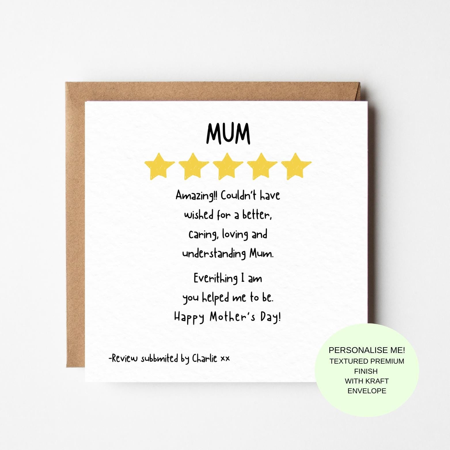 Mum Five Star Mother’s Day Card Funny Review Style Appreciation Best Mum Card for Mothers Day Love My Mum Card, Gift for Mum