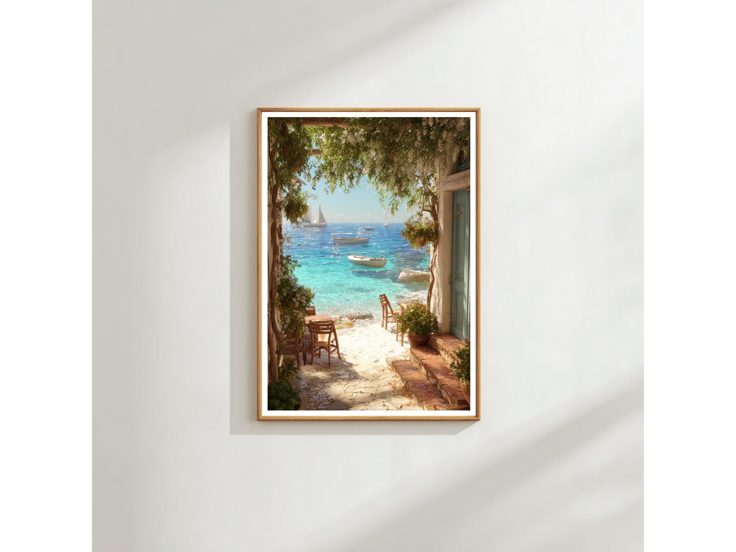 Beach Balcony Wall Art: Mediterranean Summer Scene (Physical Print)