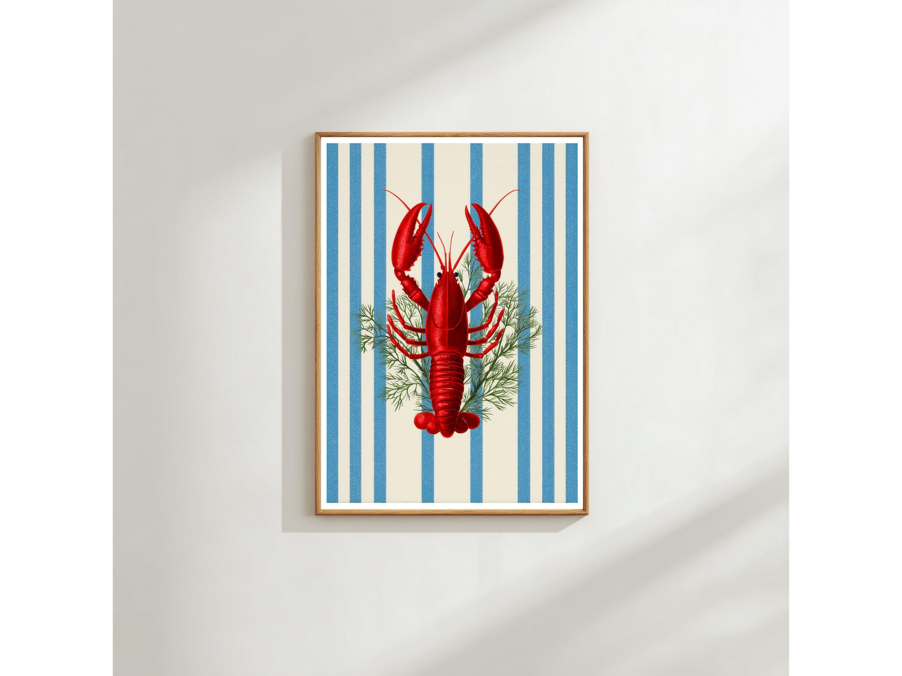 Coastal Lobster Art Print, Nautical Blue Stripe (A4 & A3 Sizes)