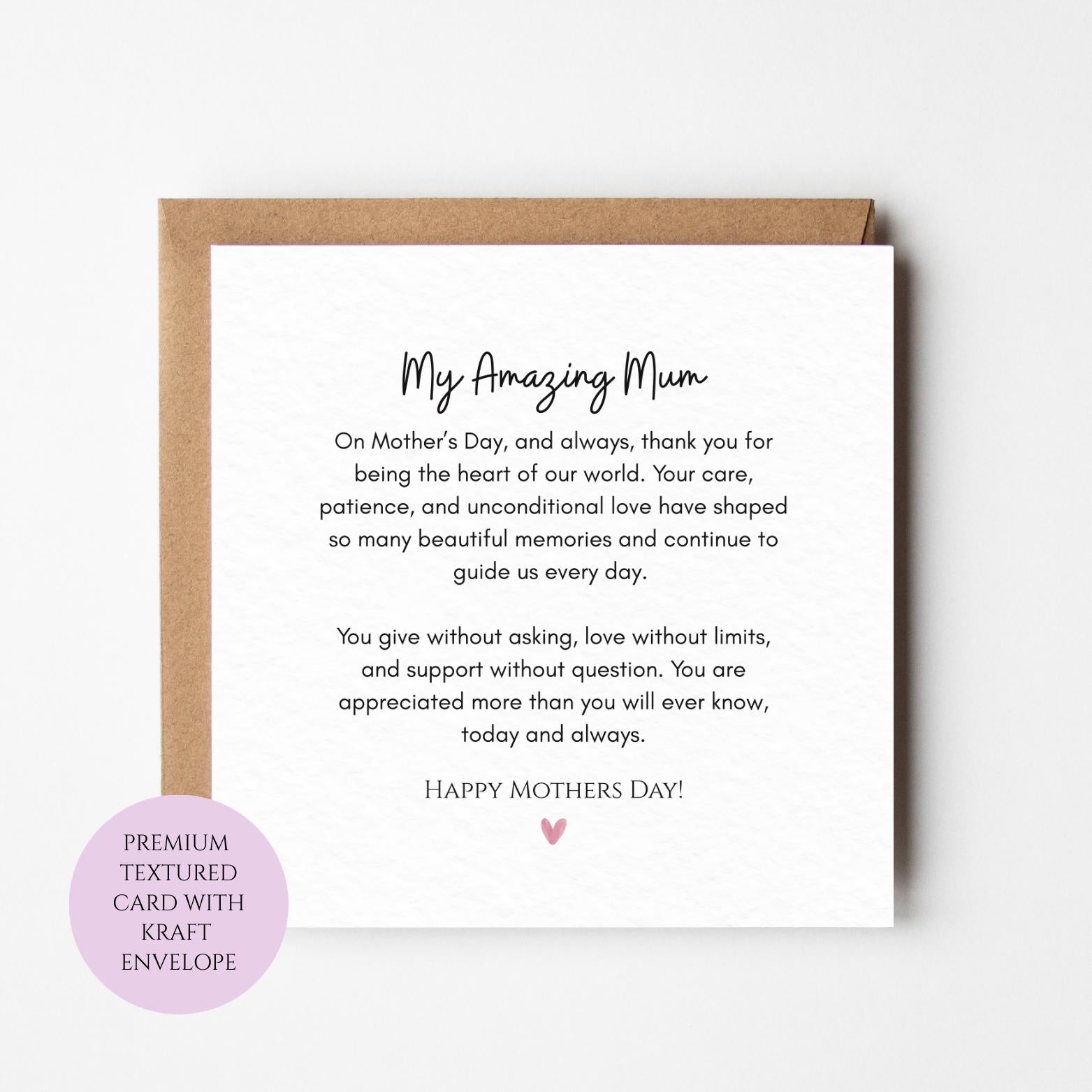Mum Mothers Day Card My Amazing Mum Sentimental Verse Card Gift Mothers Day Textured Heartfelt Card Best Mum Love Card Mum Day