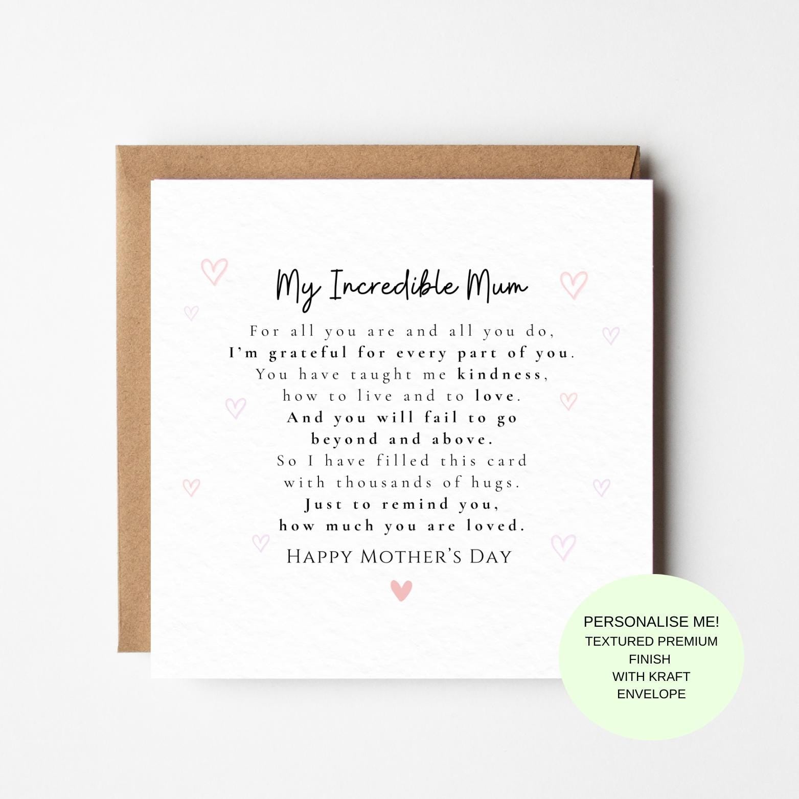 My Incredible Mum Mother’s Day Card Emotional Poem Loving Mum Keepsake Best Mum Card for Mothers Day Love My Mum Card, Gift for Mum