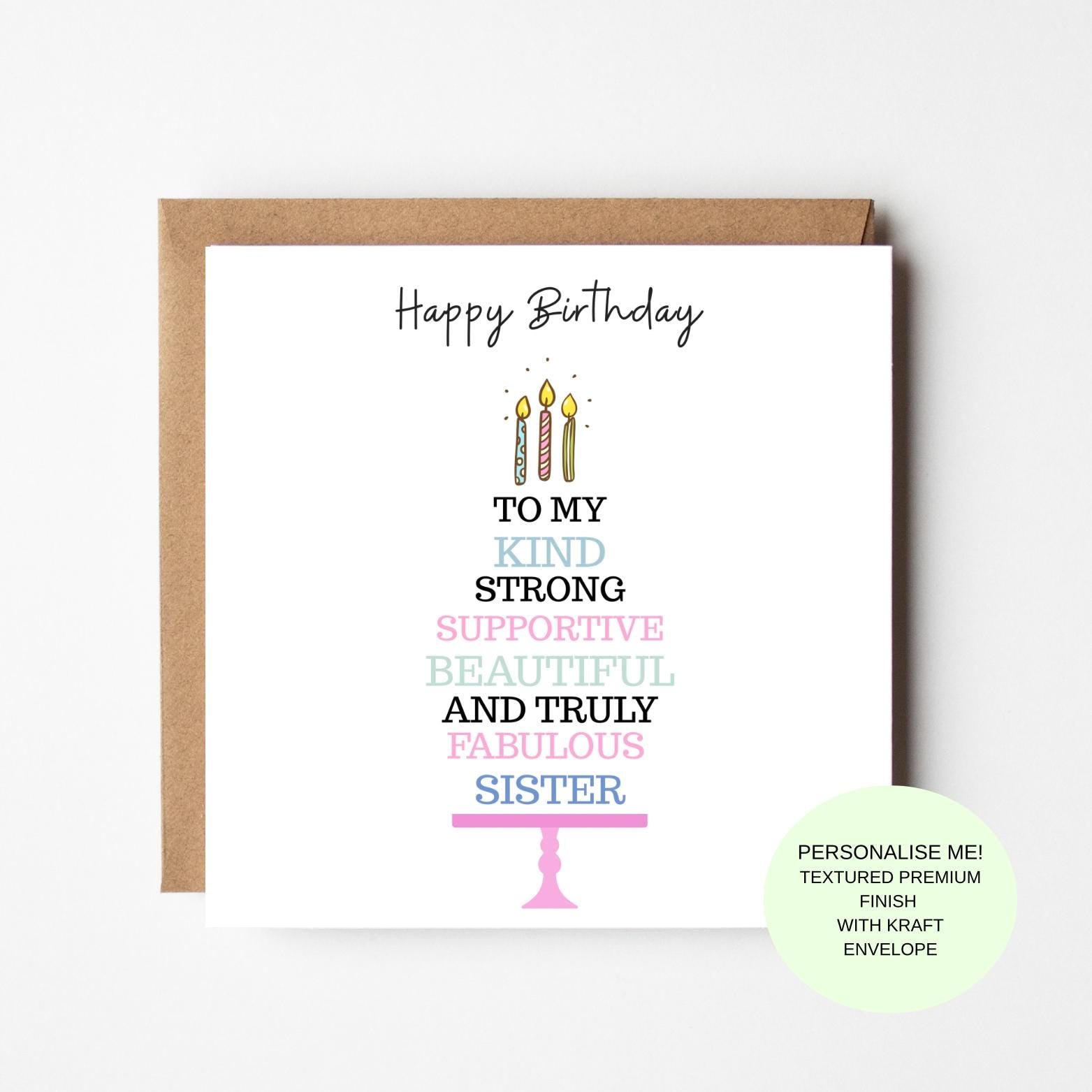 Sister Birthday Card, Kind Strong Supportive Typography Cake Design