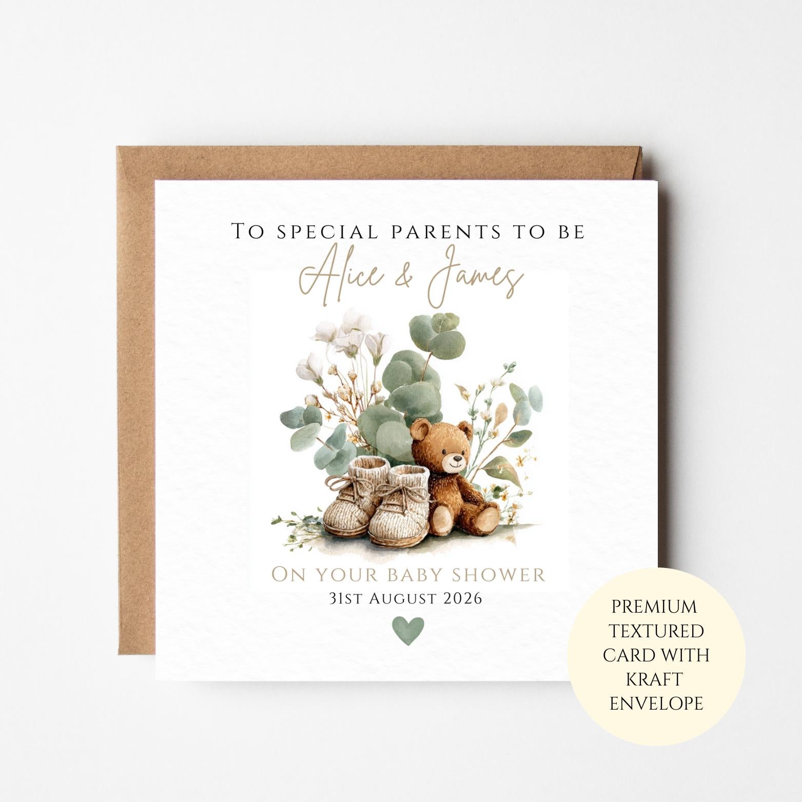 Personalised Baby Shower Card – Teddy Bear, Baby Boots, Neutral Design