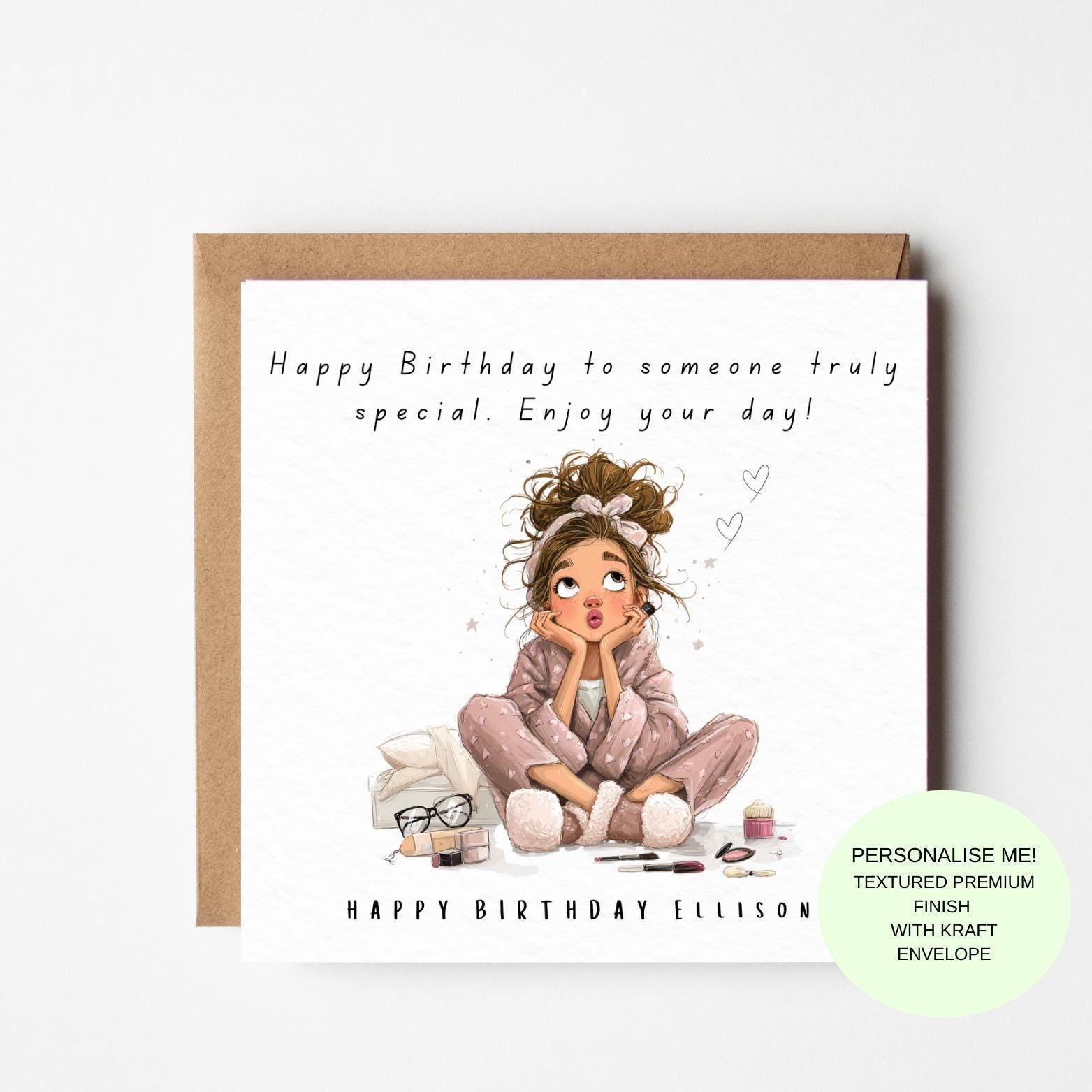 Personalized Birthday Card for Her – Illustrated Design, Kraft Envelope