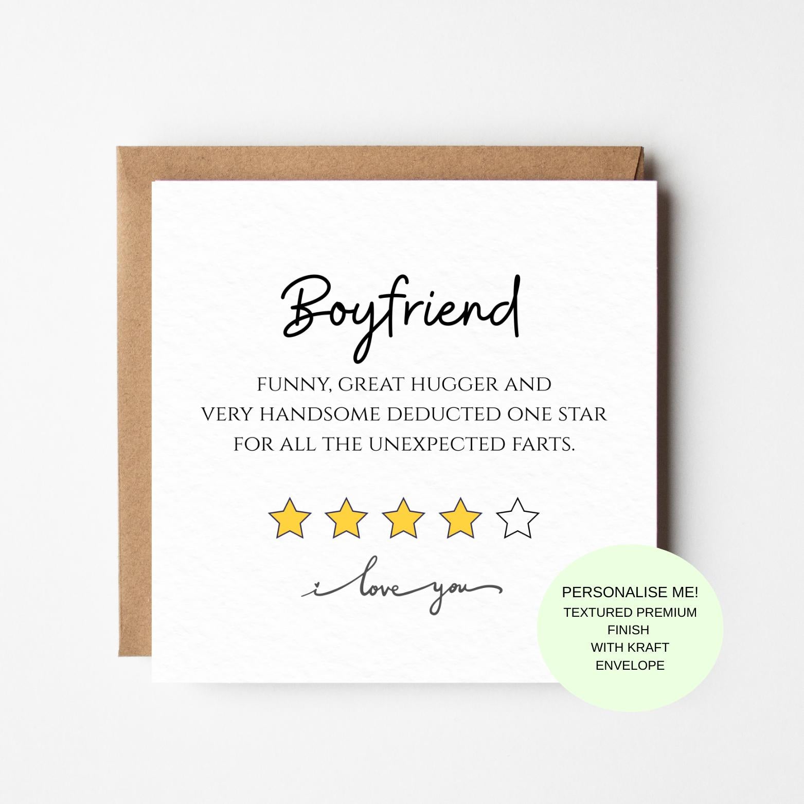 Funny Boyfriend Birthday Card: 4 Star Review Humor, Partner Love Card