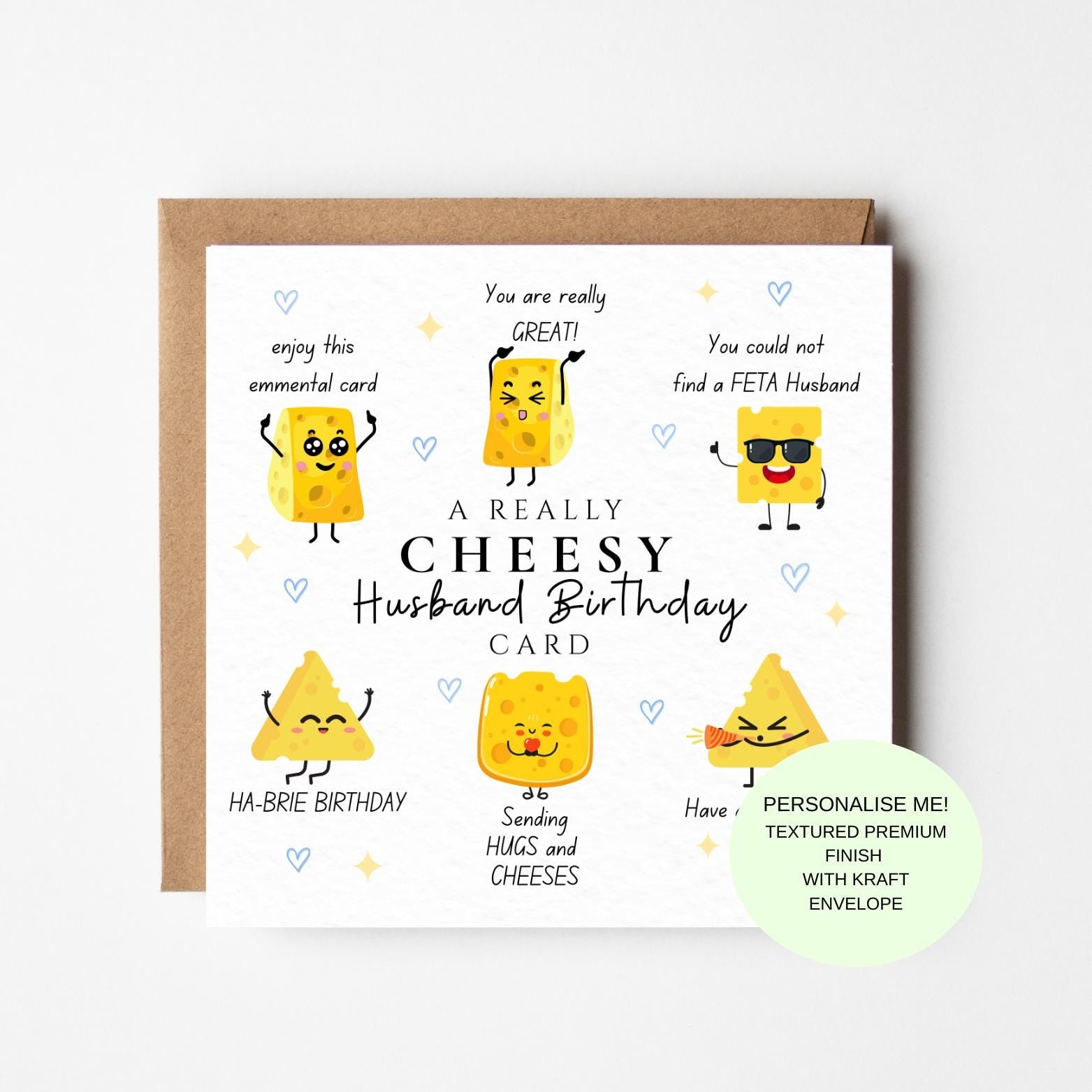 Funny Husband Birthday Card: Cheesy Food Puns, Textured Cardstock, Kraft Envelope