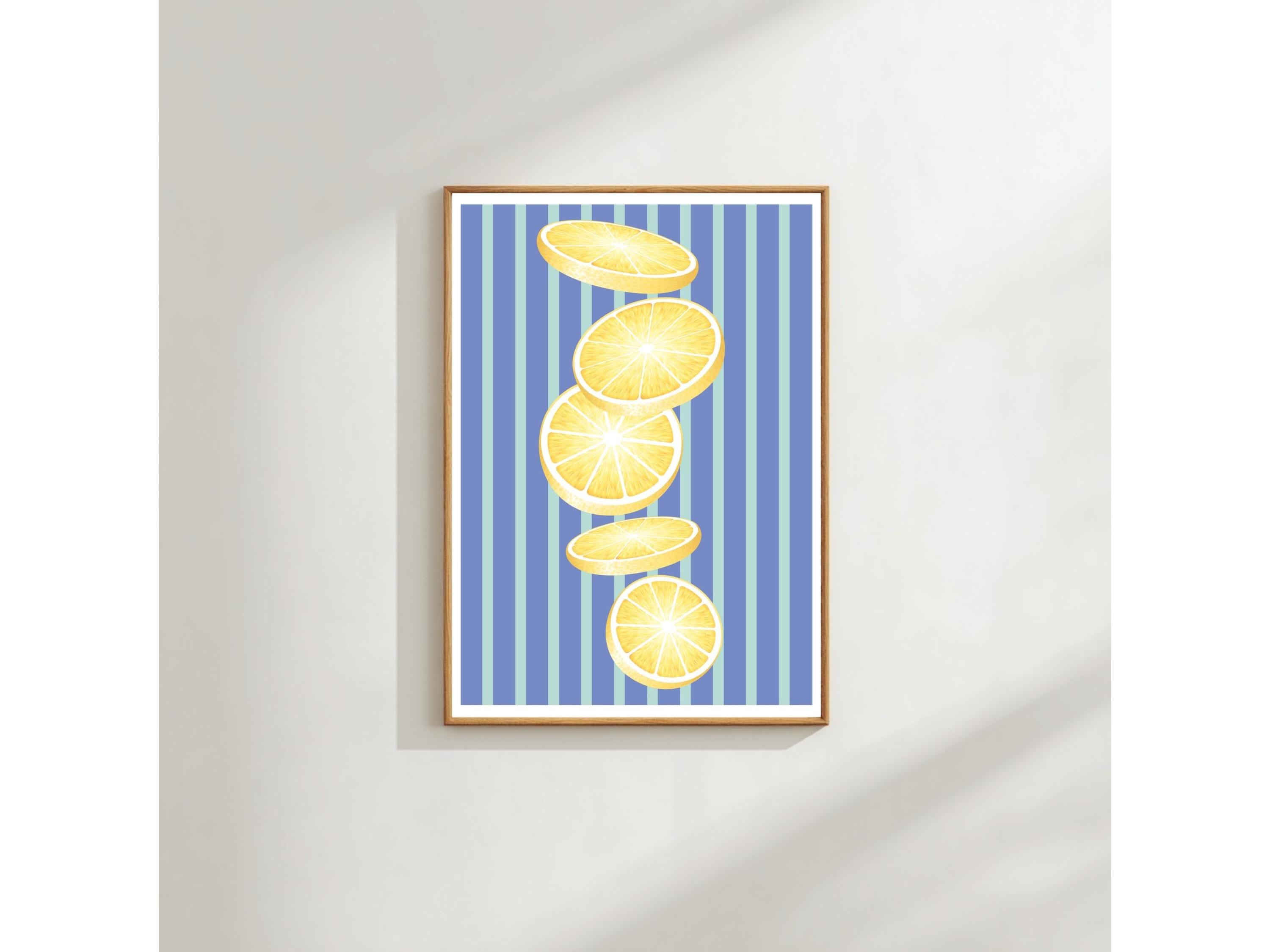Lemon Slice Wall Art Print: Blue Citrus Design - Coastal Kitchen Decor