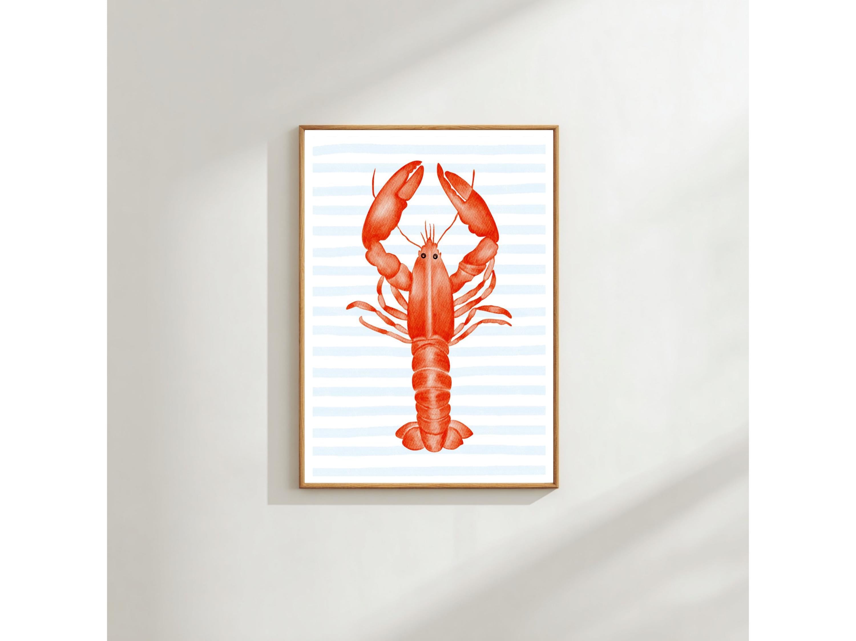 Coastal Lobster Wall Art Print, Nautical Blue Stripes (A4 & A3 Sizes)