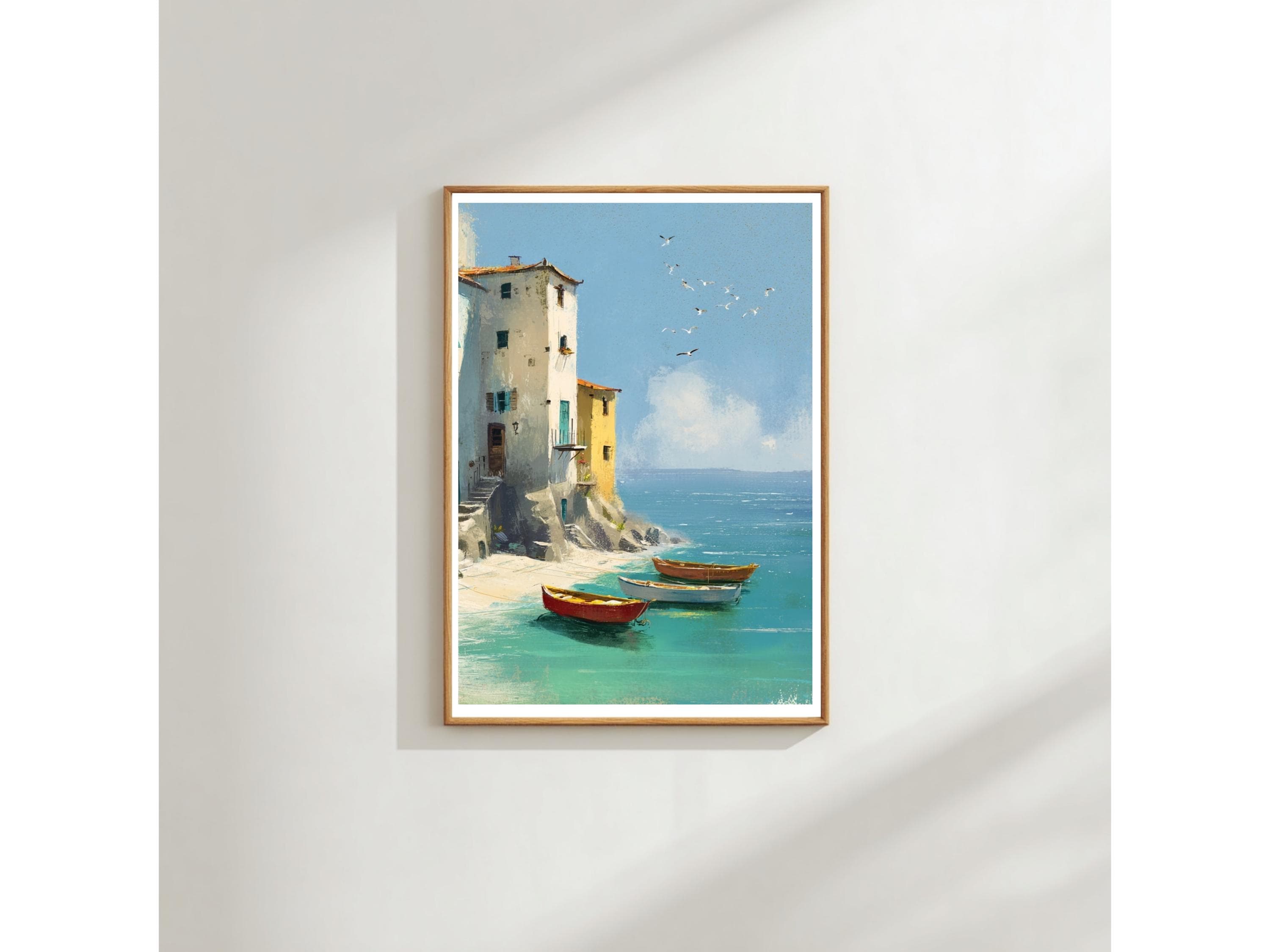 Mediterranean Coastal Boats Print, Seaside Harbour (A3 & A4 Sizes)