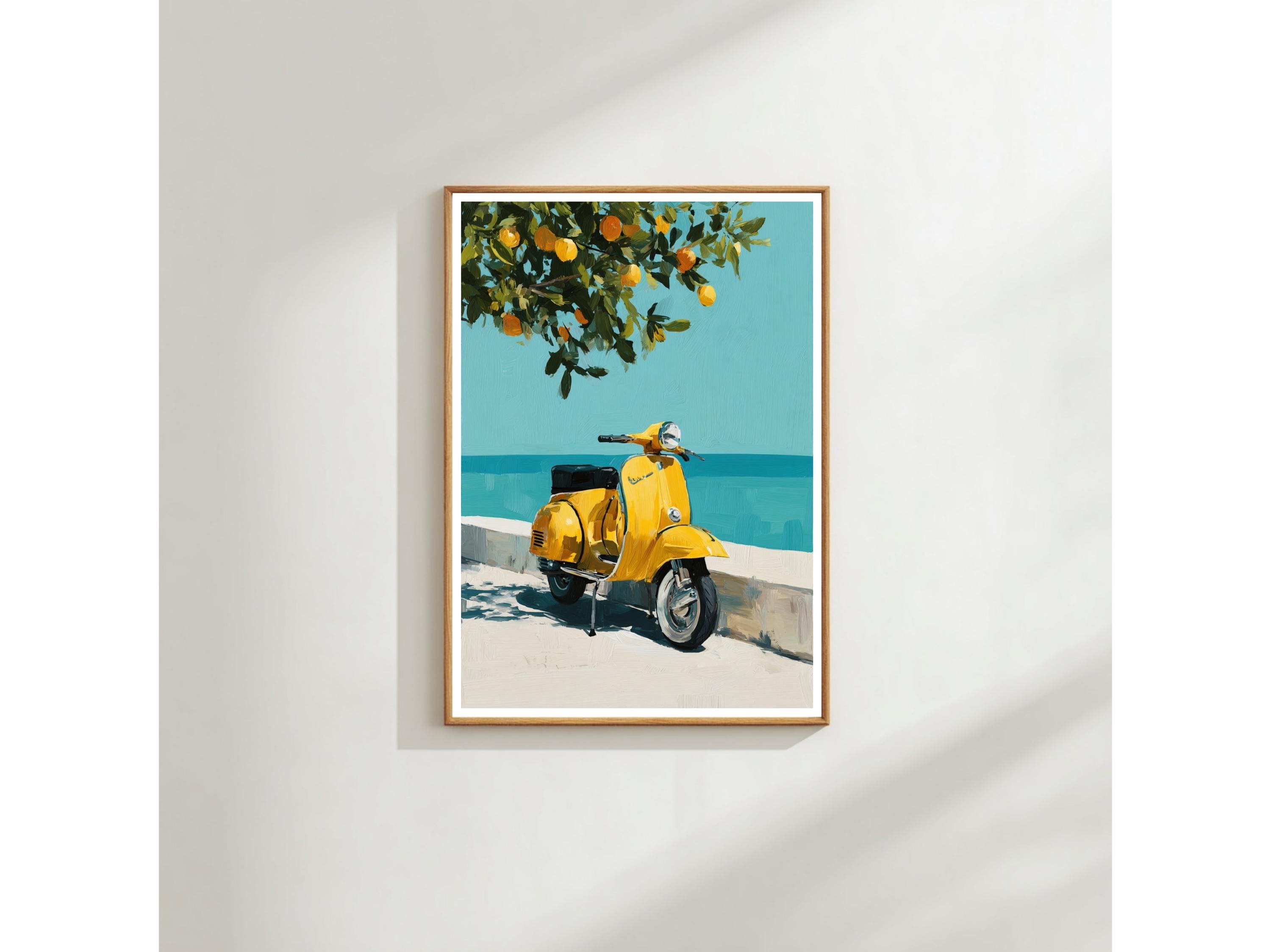 Coastal Wall Art Print: Yellow Vespa, Mediterranean Beach - Summer Decor