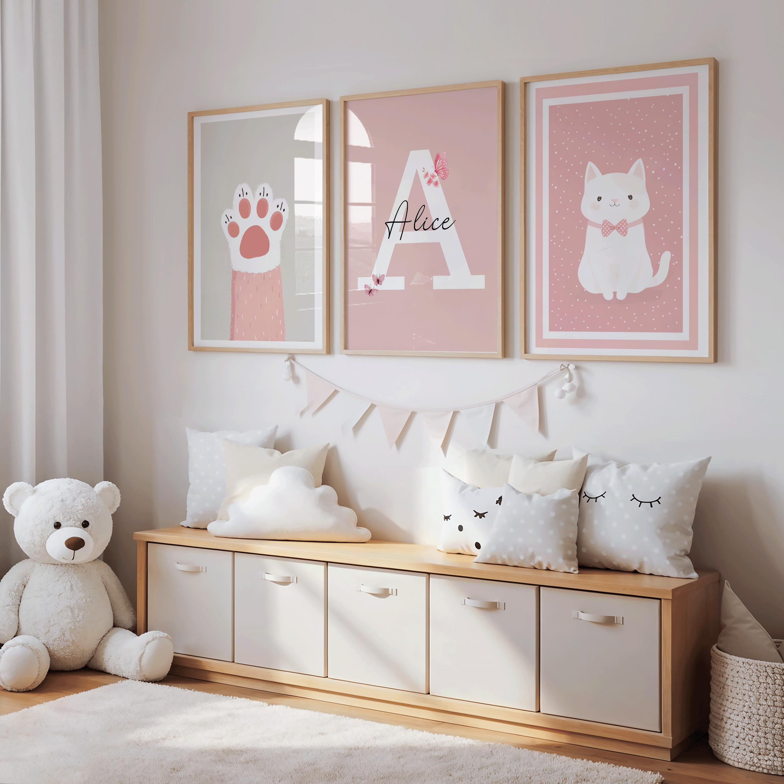Personalised Cat Paw Nursery Art Set, Pink Girls Bedroom Decor, Prints
