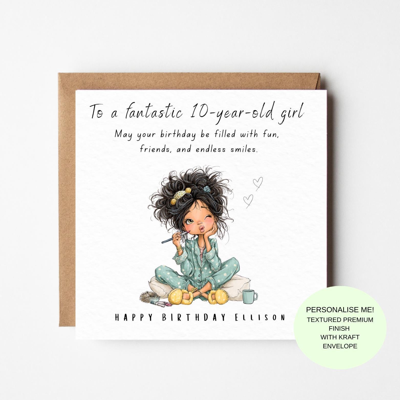 10 Year Old Girl Birthday Card: Personalised Illustration, Textured Finish (Kraft Envelope)