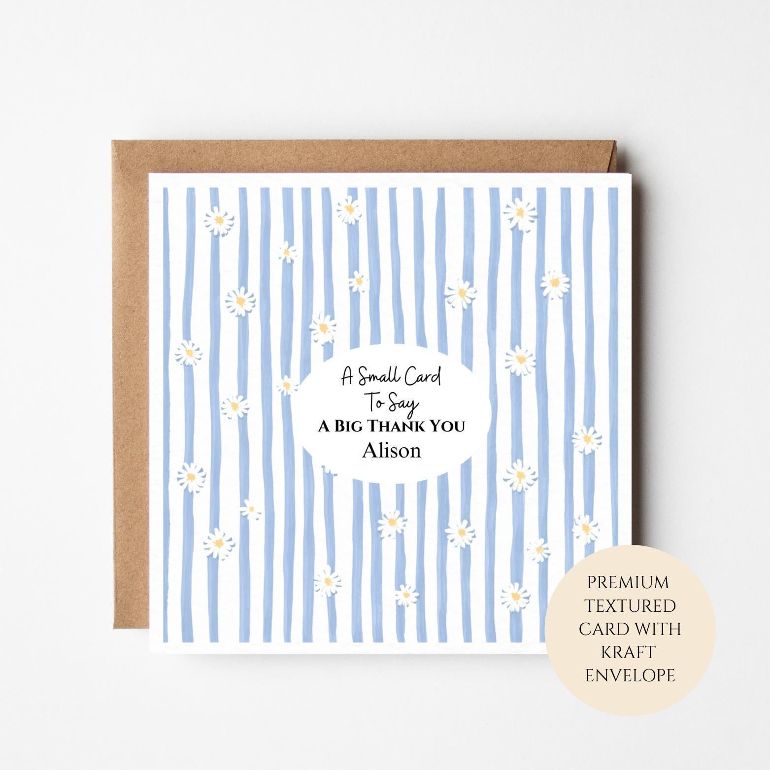 Personalised Daisy Stripe Thank You Card – Blue Floral Note for Friend, Neighbour, Teacher