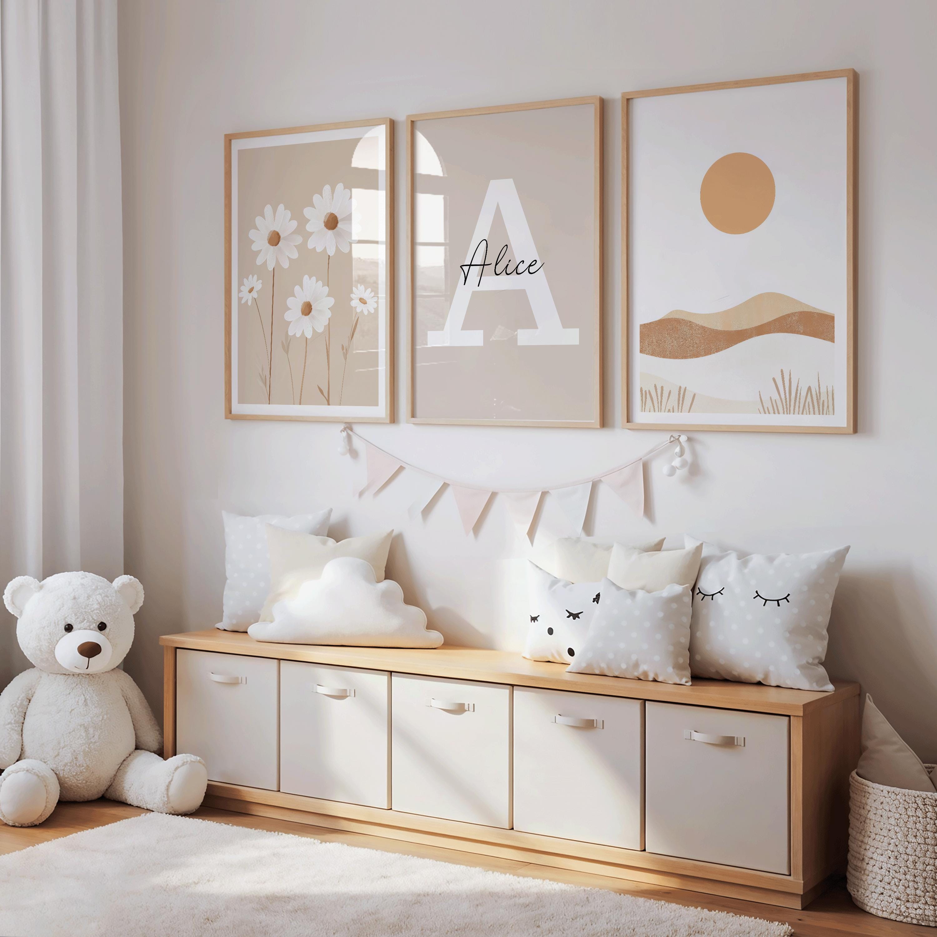 Personalised Daisy Nursery Wall Art Set, Neutral Boho Baby Bedroom Prints
