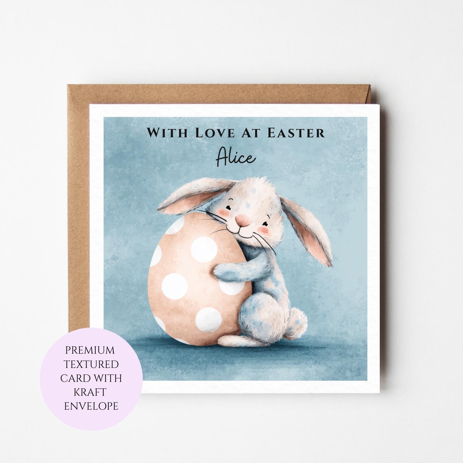 Personalised Bunny Hugging Egg Easter Card