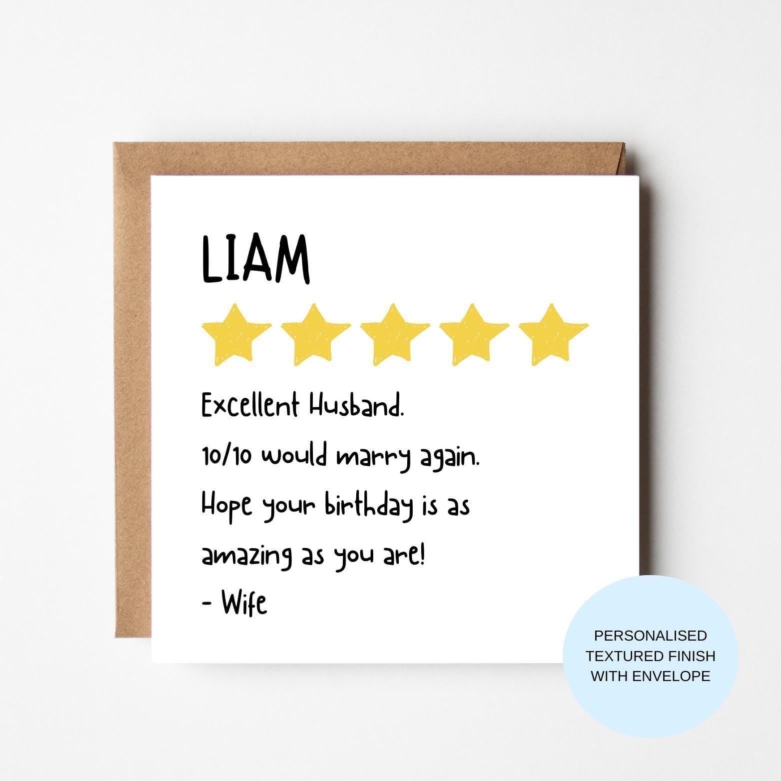 Personalised Husband Birthday Card | Funny 5 Star Review | Wife to Husband Greeting