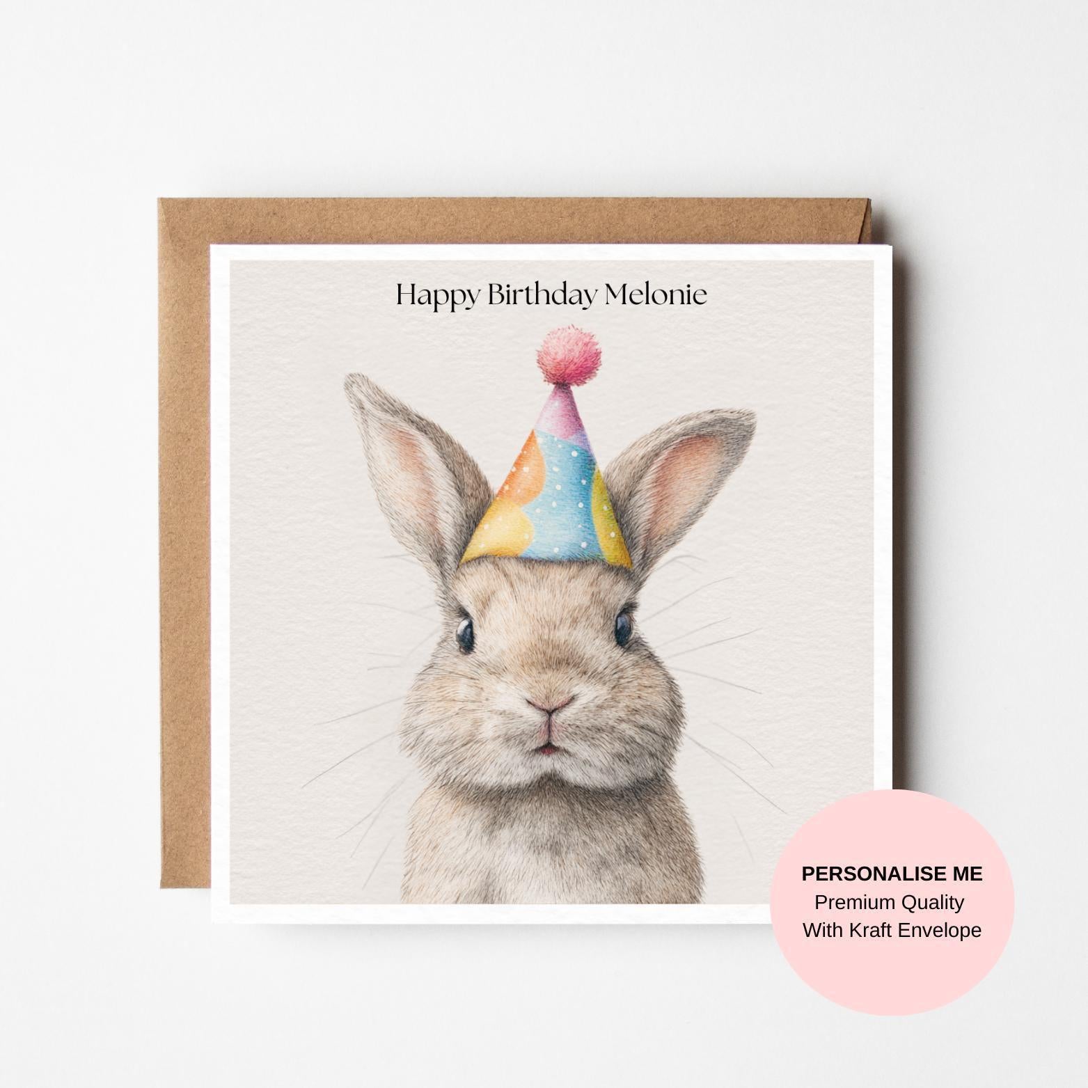 Personalised Rabbit Birthday Card – Illustrated Bunny With Party Hat, Kraft Envelope
