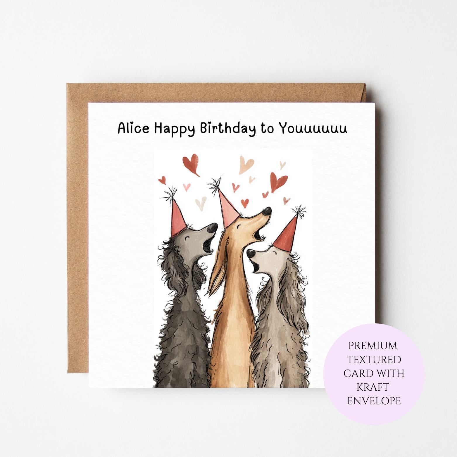 Personalised Dog Birthday Card: Trio of Dogs in Party Hats (Cardstock)