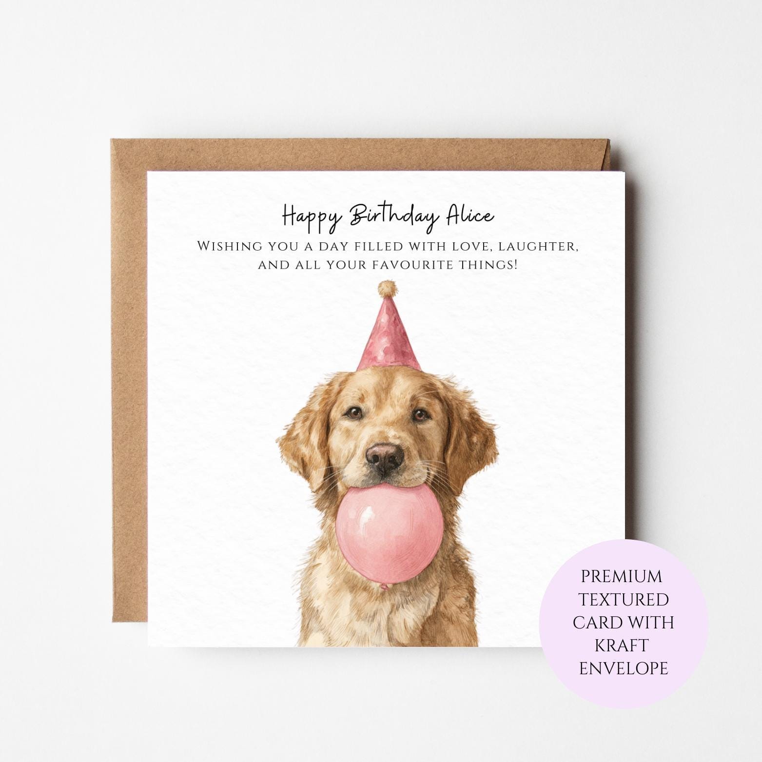 Golden Retriever Birthday Card, Dog with Balloon, Textured Card