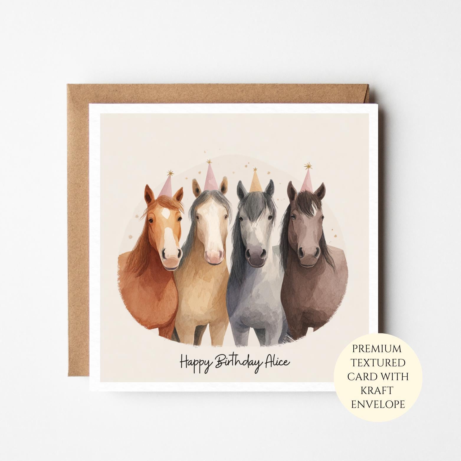 Personalised Watercolour Horse Birthday Card – Equestrian Pony Lover Gift – Kraft Envelope