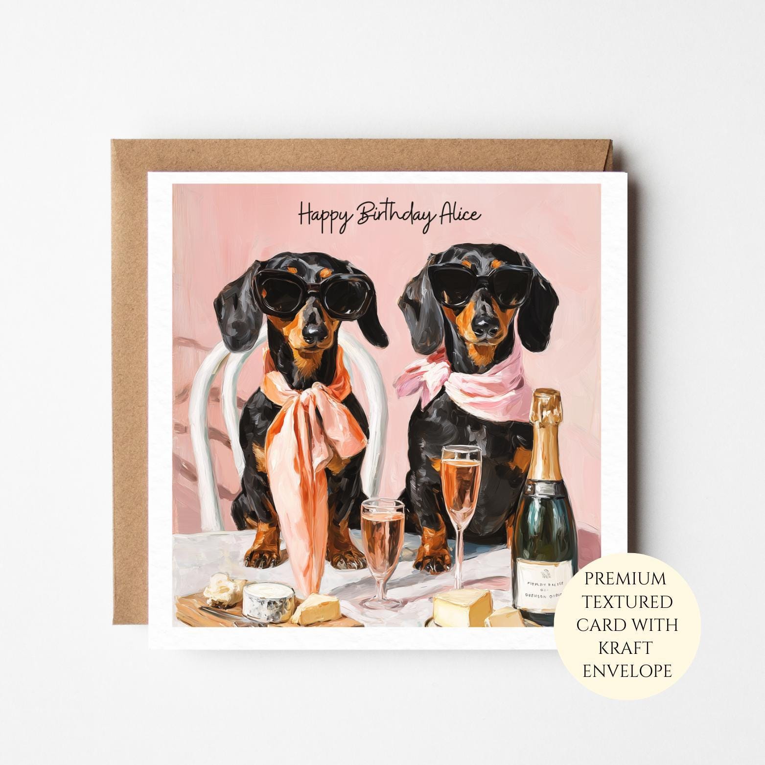 Glam Dachshund Birthday Card: Two Dogs with Champagne, Personalised Friend Gift