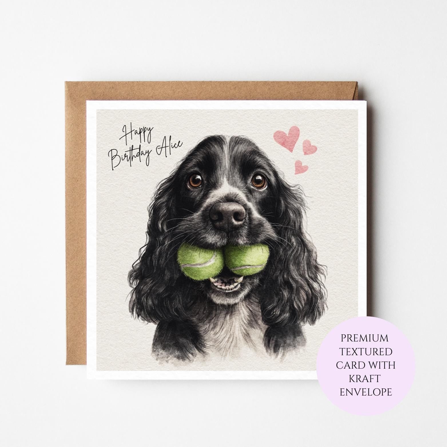 Personalised Cocker Spaniel Birthday Card – Dog with Tennis Balls, Cardstock