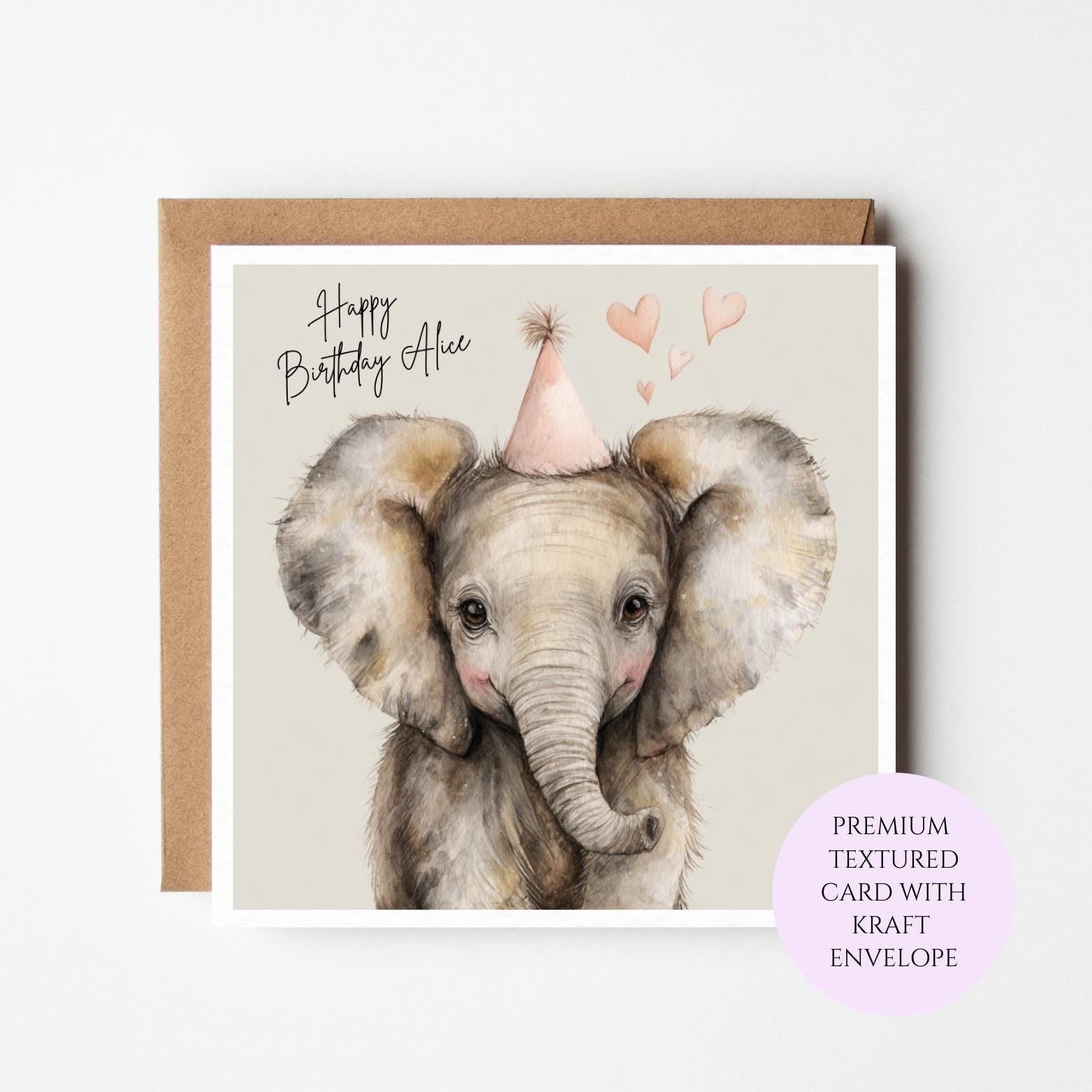 Personalised Elephant Birthday Card – Watercolour Safari Animal for Sister, Friend, Mum daughter