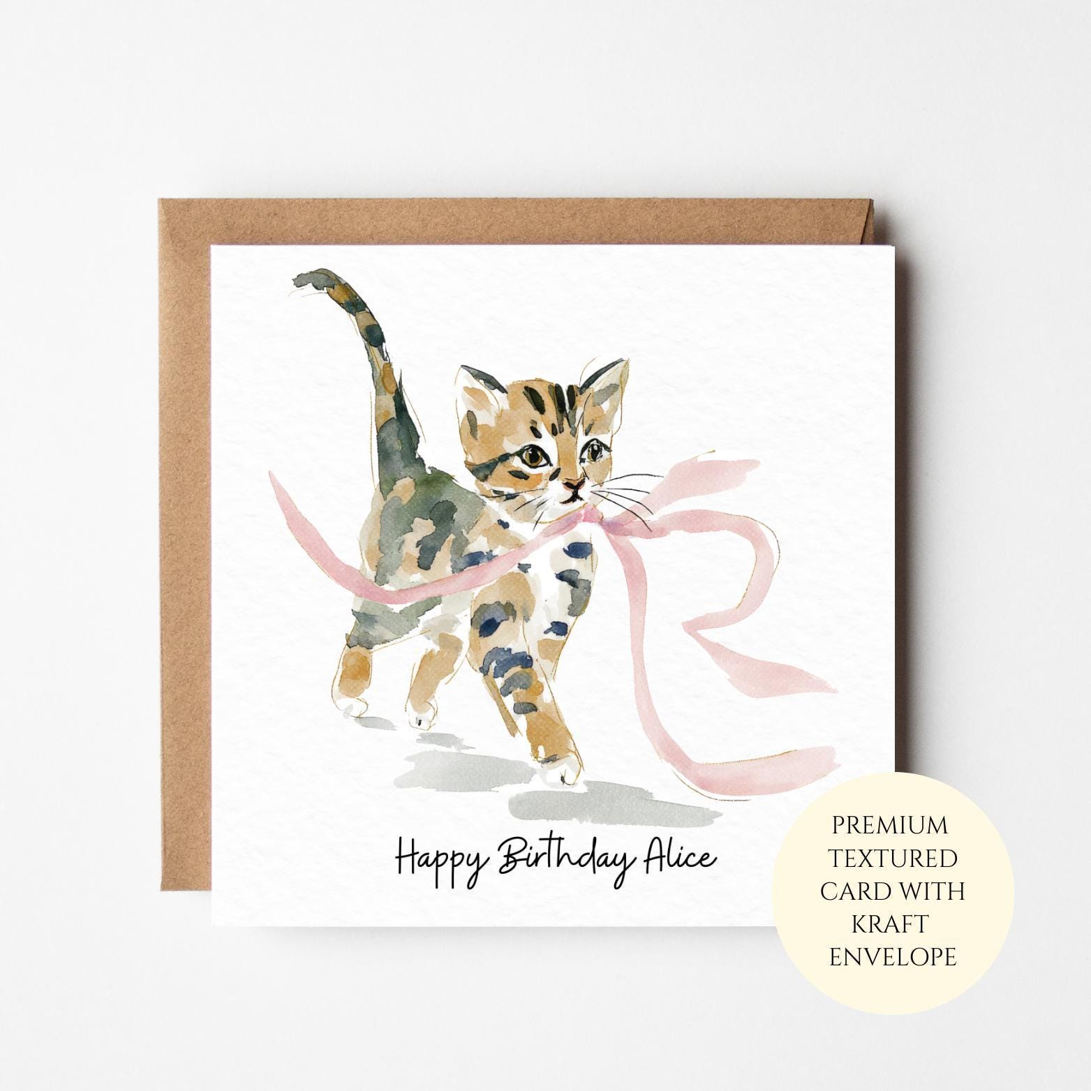 Cat Birthday Card: Floral Watercolor Style (Personalised, Text Included)