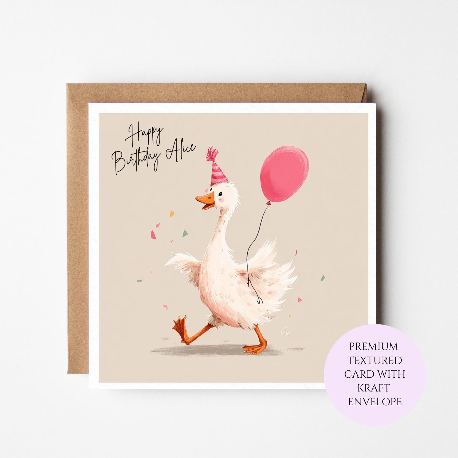 Personalised Goose Birthday Card: Whimsical Animal Illustration, Textured Cardstock (Kraft Envelope)