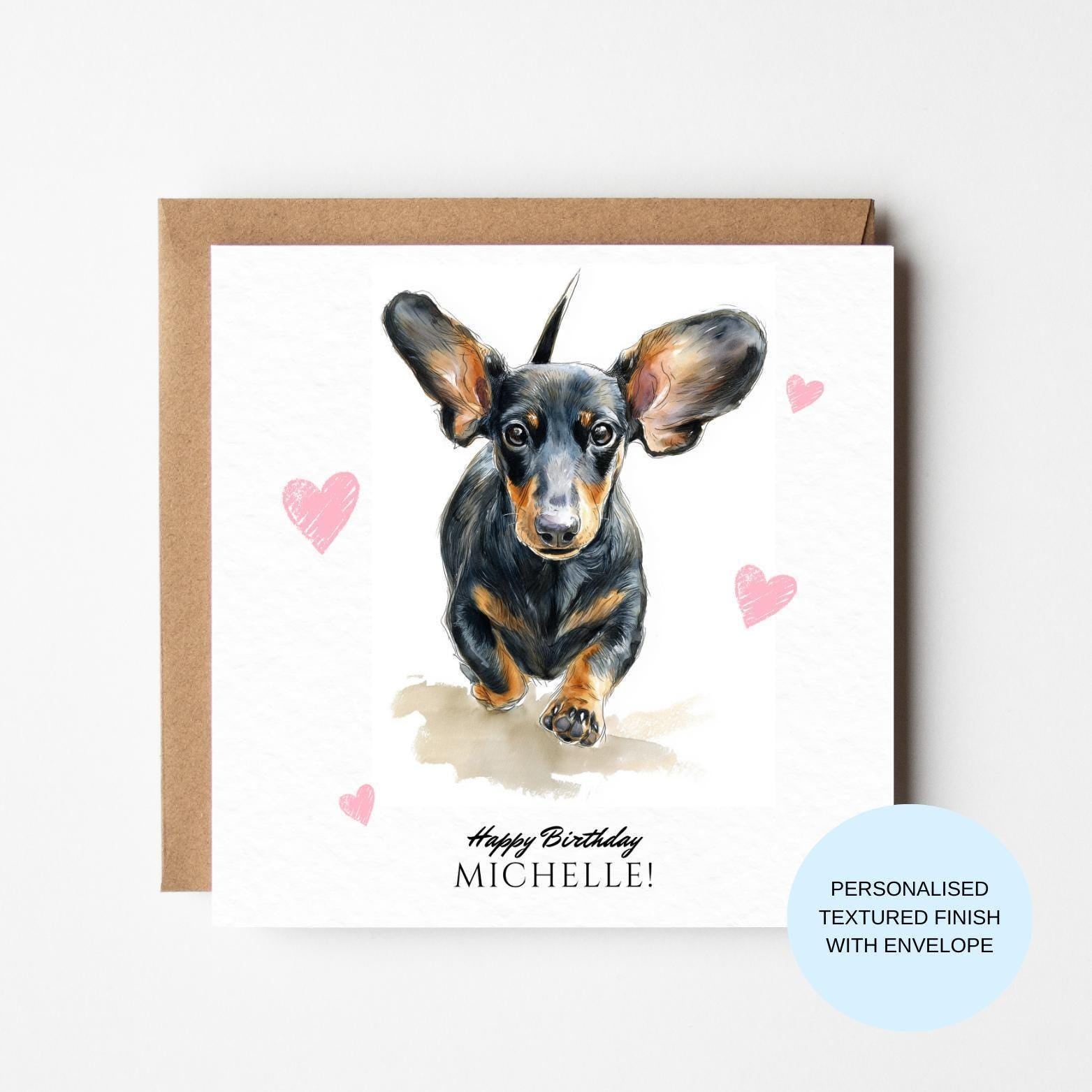 Dachshund Birthday Card | Watercolour Sausage Dog, Pink Hearts | Dog Lover Greeting (Personalised)