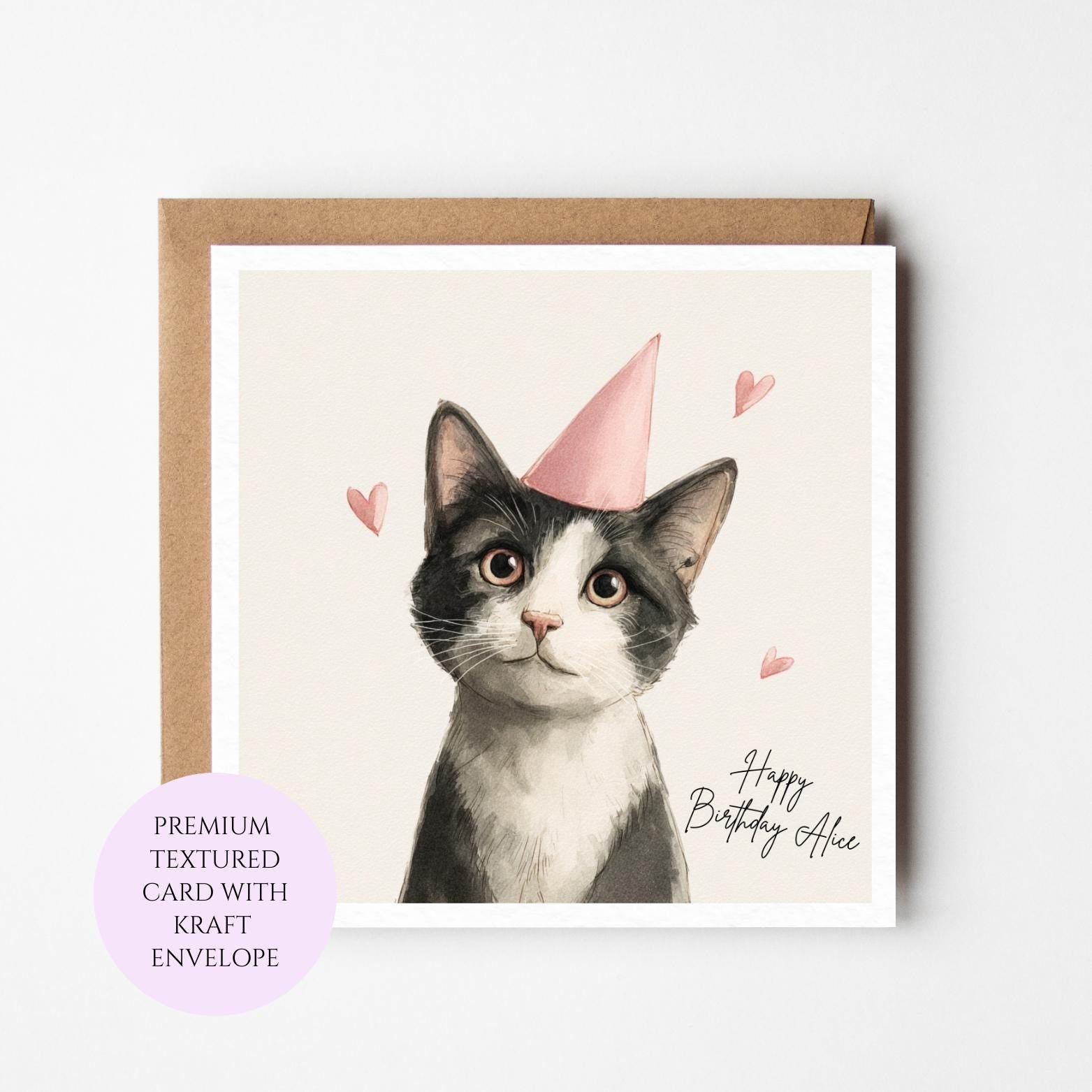 Personalised Tuxedo Cat Birthday Card – Watercolor Kitten, Party Hat, Hearts