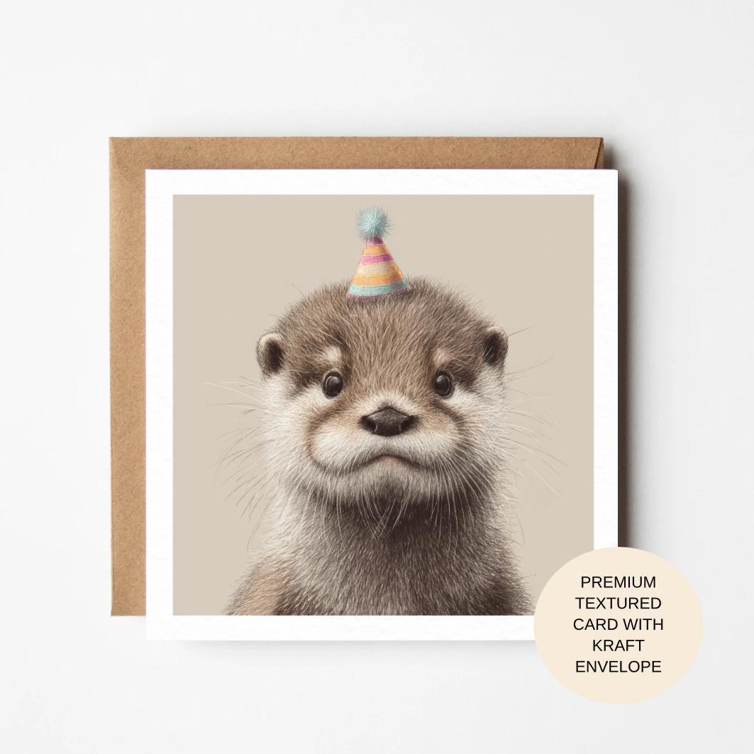 Baby Otter Birthday Card | Hand Illustrated, Party Hat, Textured Card (Kraft Envelope)