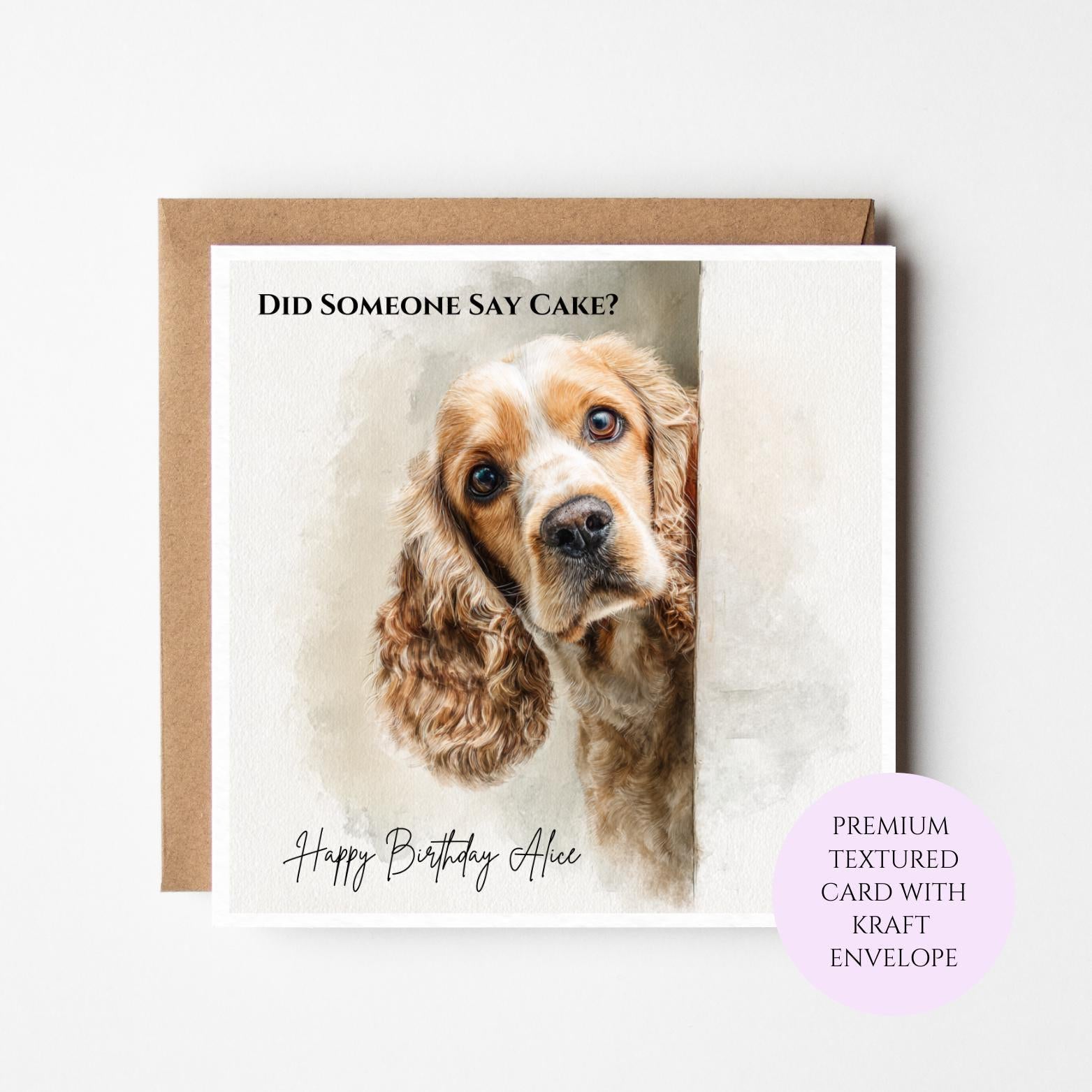 Dog Birthday Card – "Did Someone Say Cake?" Watercolor Dog Portrait, Personalized Greeting