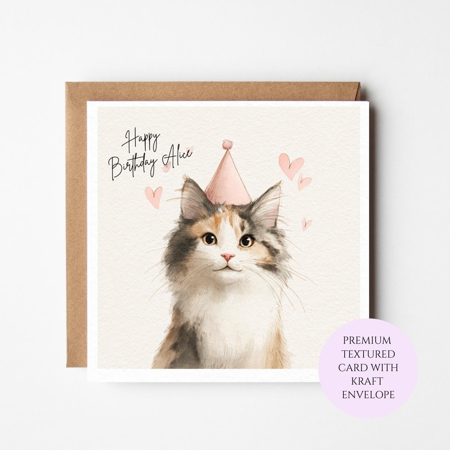 Personalised Watercolour Long Haired Cat Birthday Card for Her – Sister, Friend, Mum
