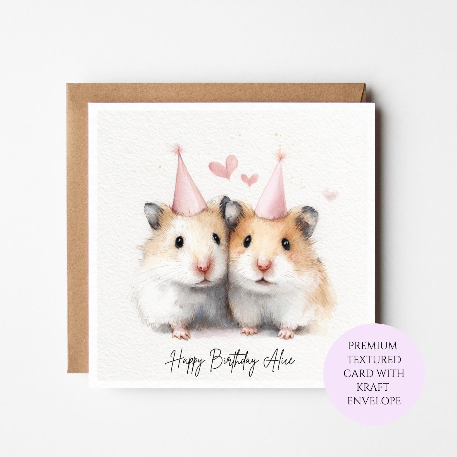 Personalised Hamster Birthday Card – Watercolor Hamsters, Sister, Friend, Mum, Daughter