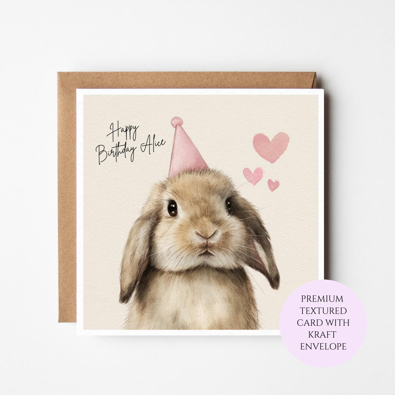 Personalised Lop Rabbit Birthday Card – Watercolor Bunny Illustration, Party Hat, Hearts
