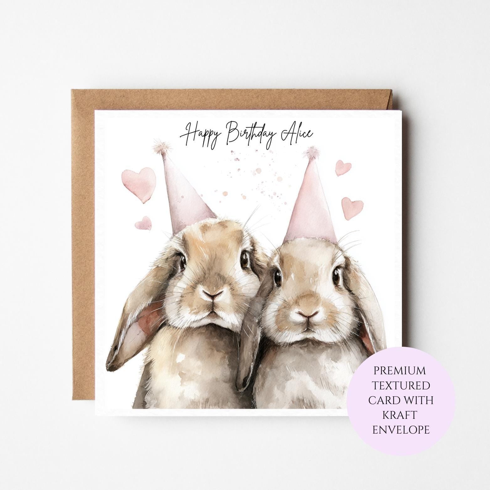 Personalised Two Rabbits Birthday Card – Watercolour Bunny Lover Greeting for Her