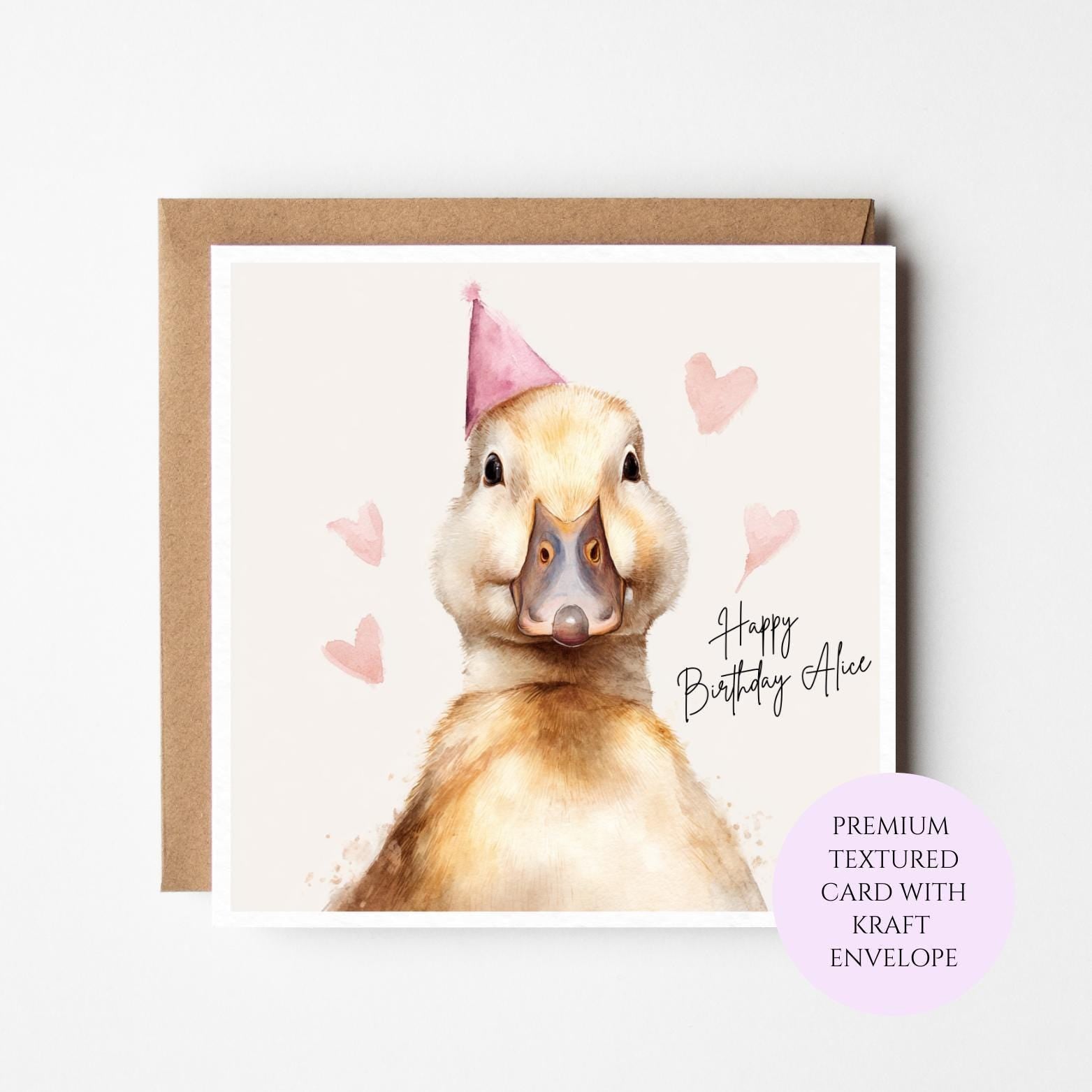 Personalised Watercolour Duck Birthday Card – Sweet Animal Illustration for Her
