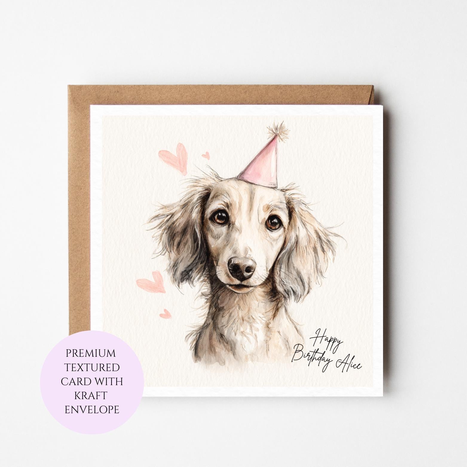 Personalised Dachshund Birthday Card – Watercolour Long-Haired Dog Illustration