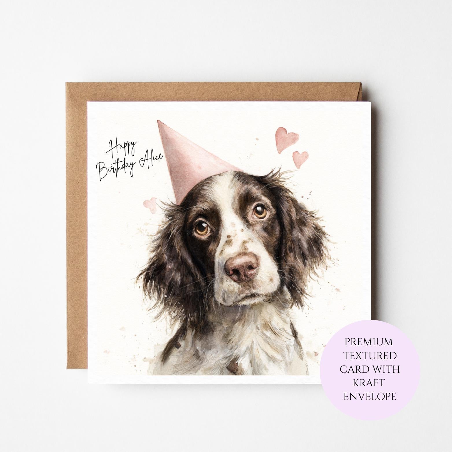 Personalised English Springer Spaniel Birthday Card – Watercolour Dog Portrait, Sister, Mum