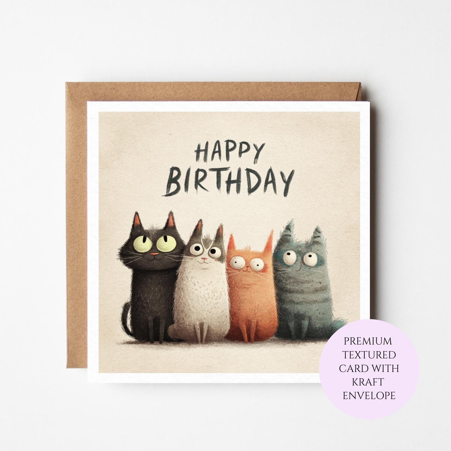Cat Group Birthday Card: Whimsical Feline Friends Illustration, Cat Lover Greeting