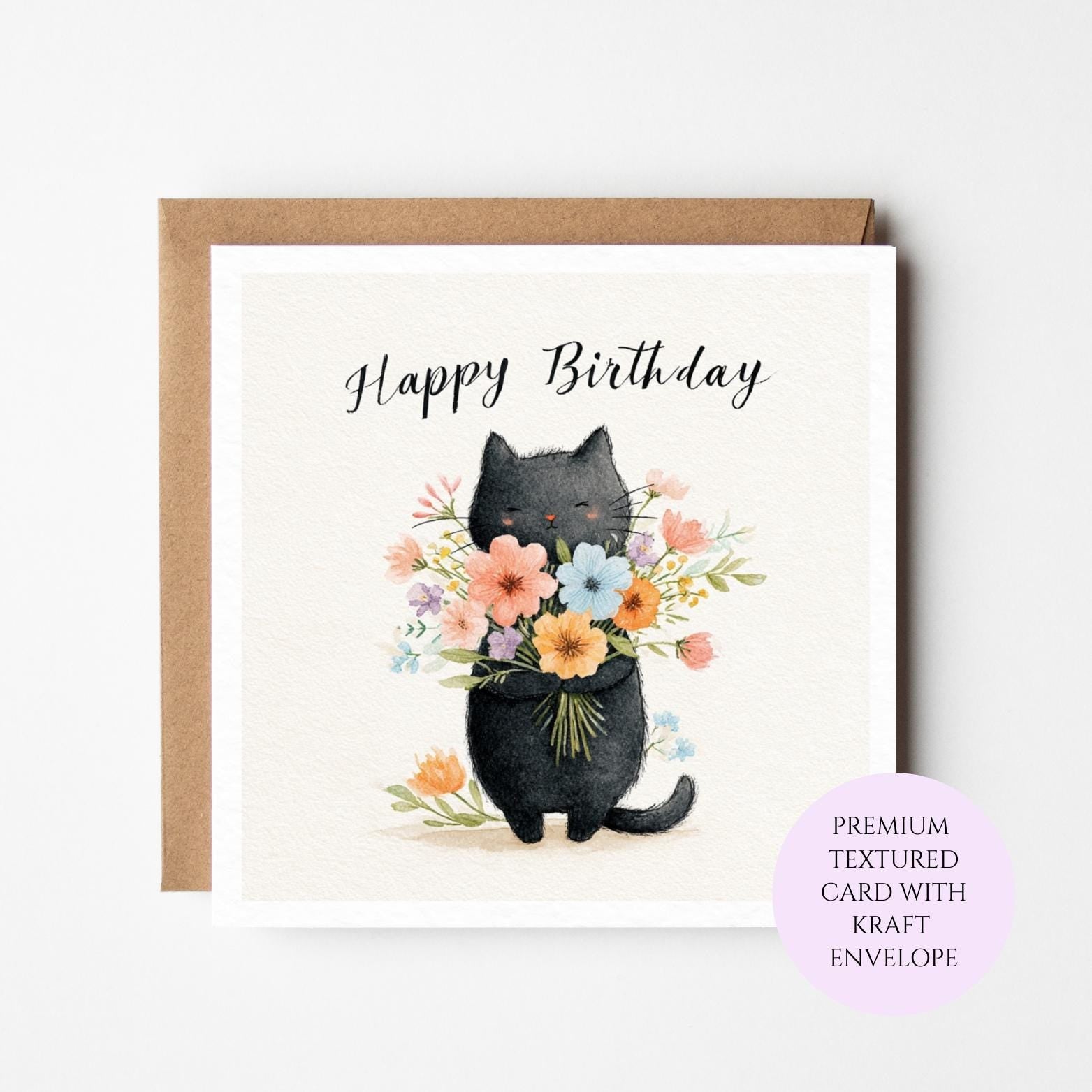 Black Cat Birthday Card: Floral Bouquet Illustration, Cat Lover Gift
