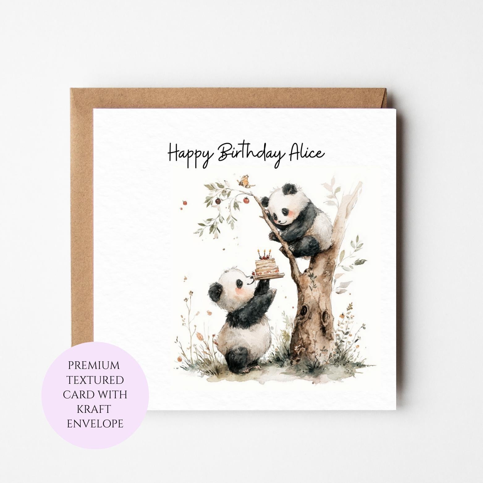 Panda Birthday Card with Cake and Tree Illustration, Panda Lover Gift