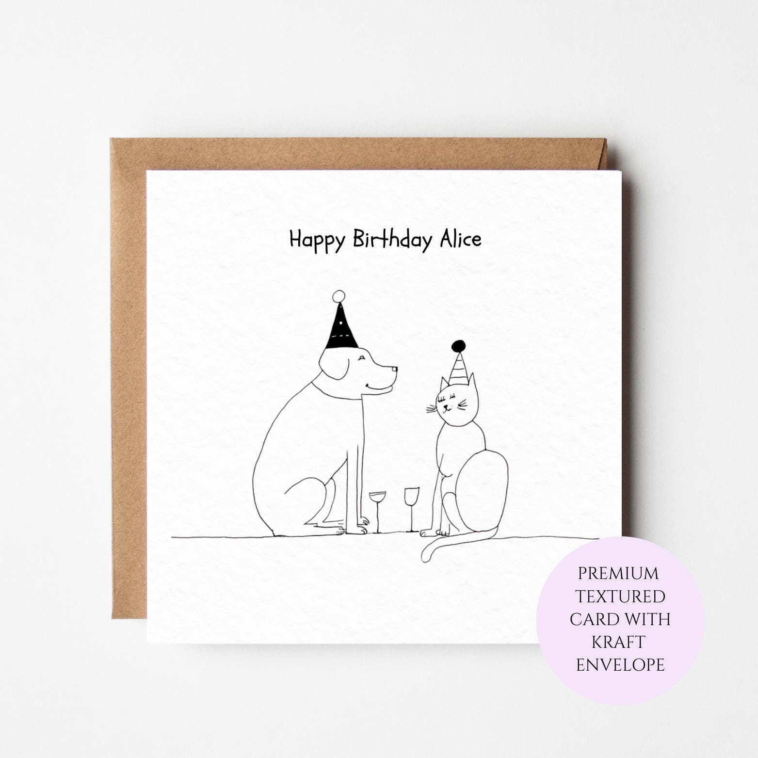 Dog and Cat Birthday Card: Minimalist Pet Party Illustration, Animal Lover Greeting