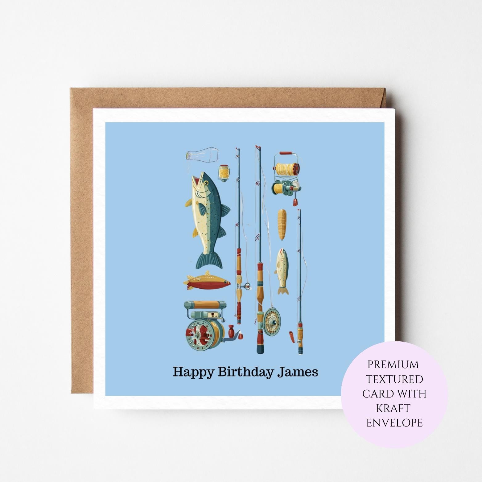 Fishing Tackle Birthday Card for Angler, Fisherman Gift, Detailed Illustration