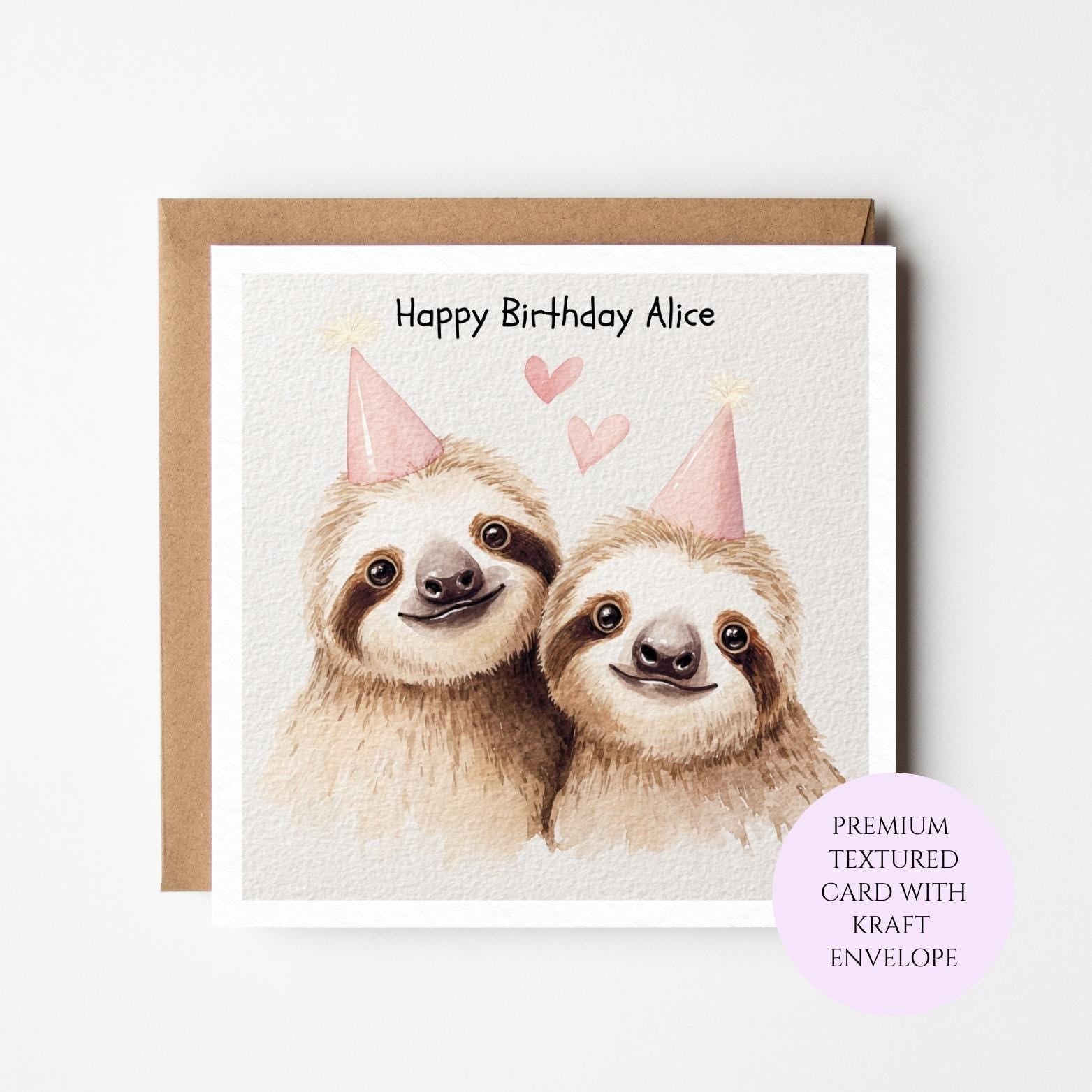 Sloth Couple Birthday Card: Whimsical Animal Lover Greeting – Hearts, Party Hats