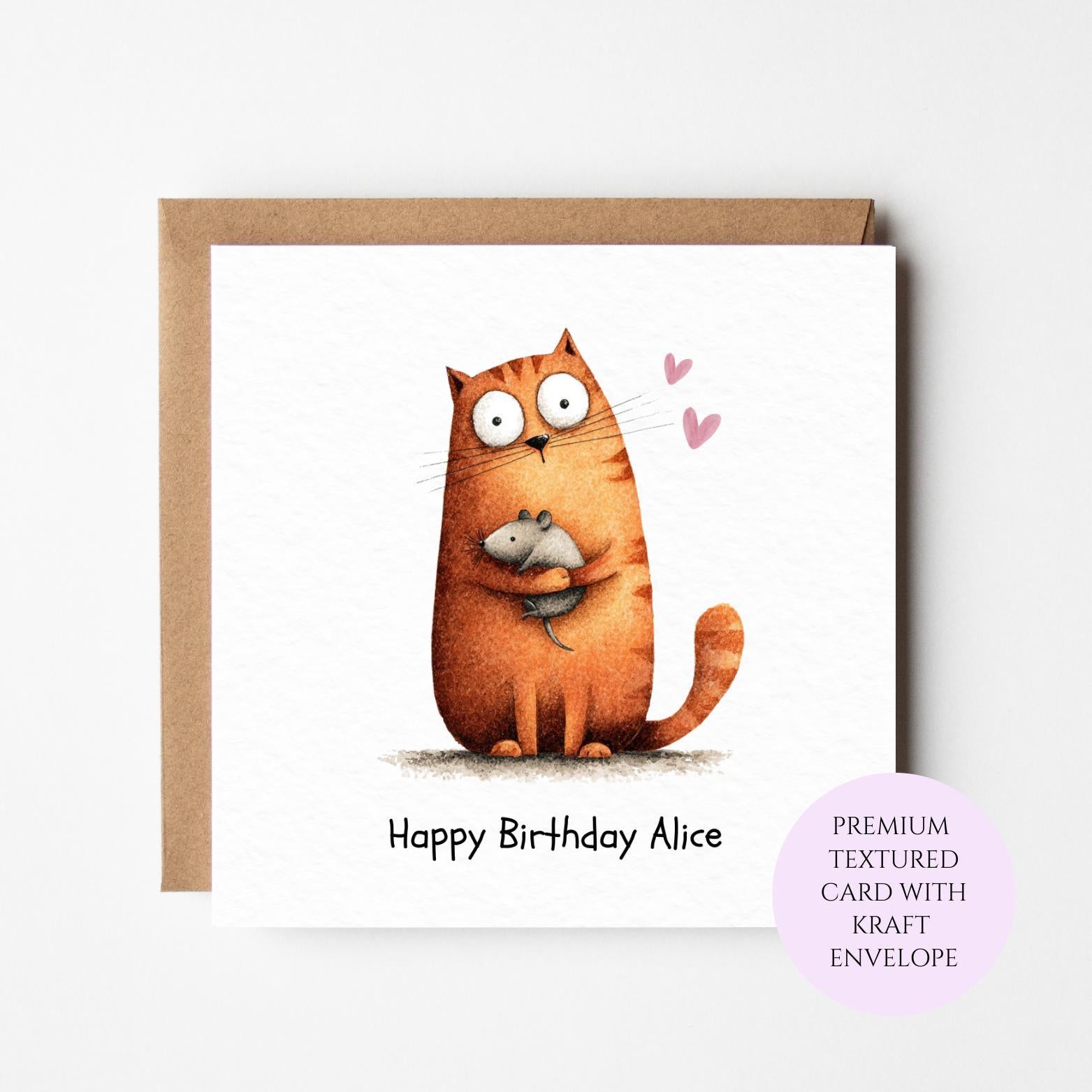 Funny Cat Birthday Card: Orange Cat Holding Mouse, Whimsical Animal Greeting